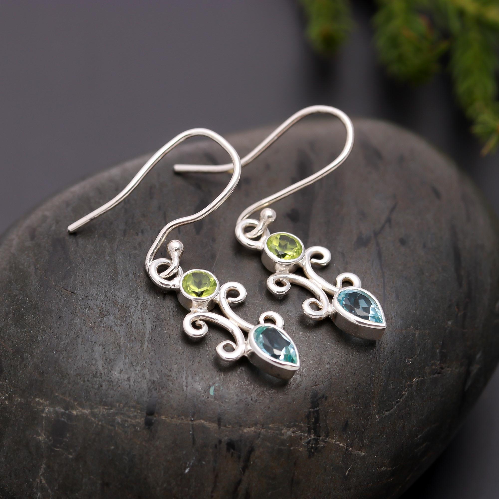 925 Silver Peridot and Blue Topaz Scroll Drop Earrings