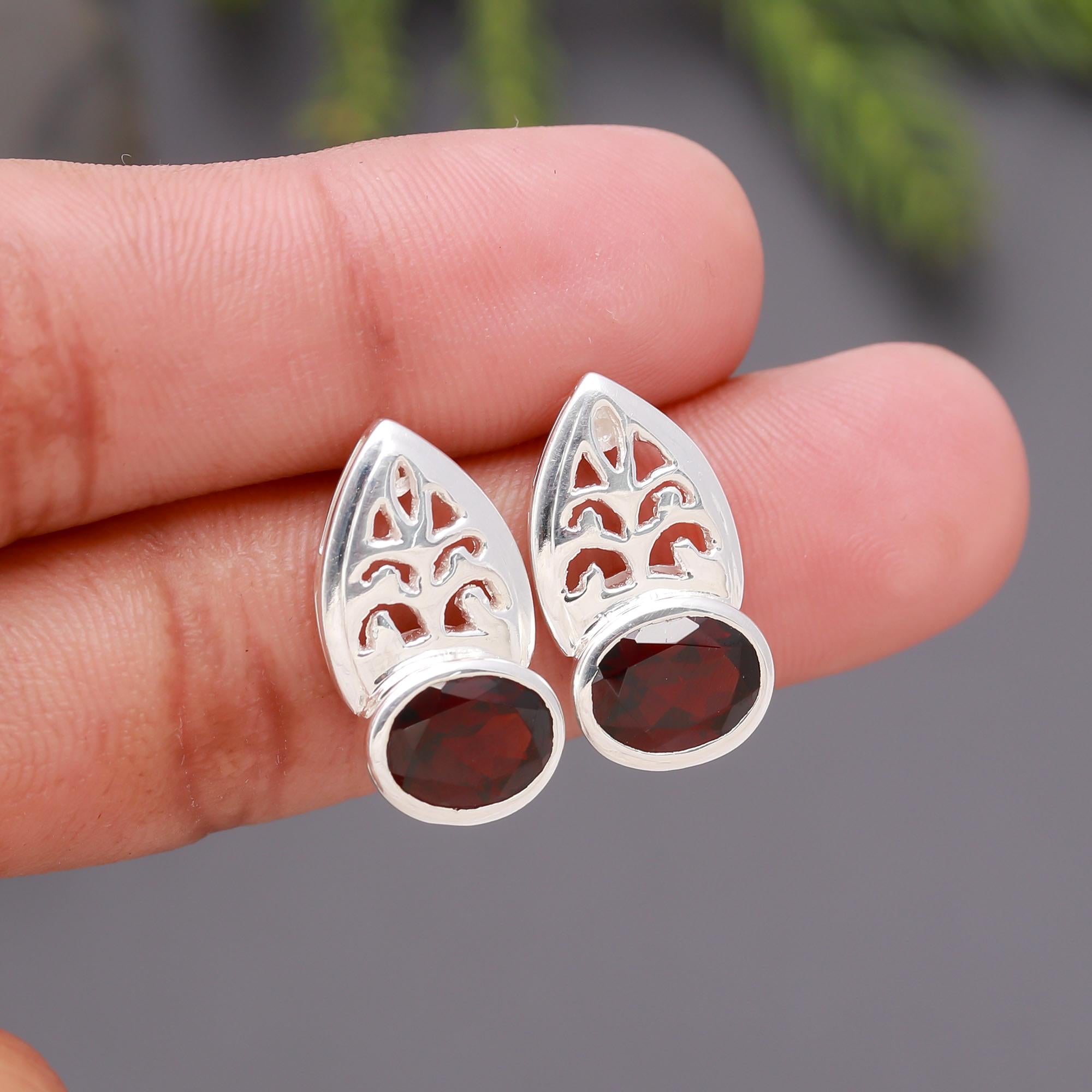 925 Silver Garnet Leaf Design Stud Earrings