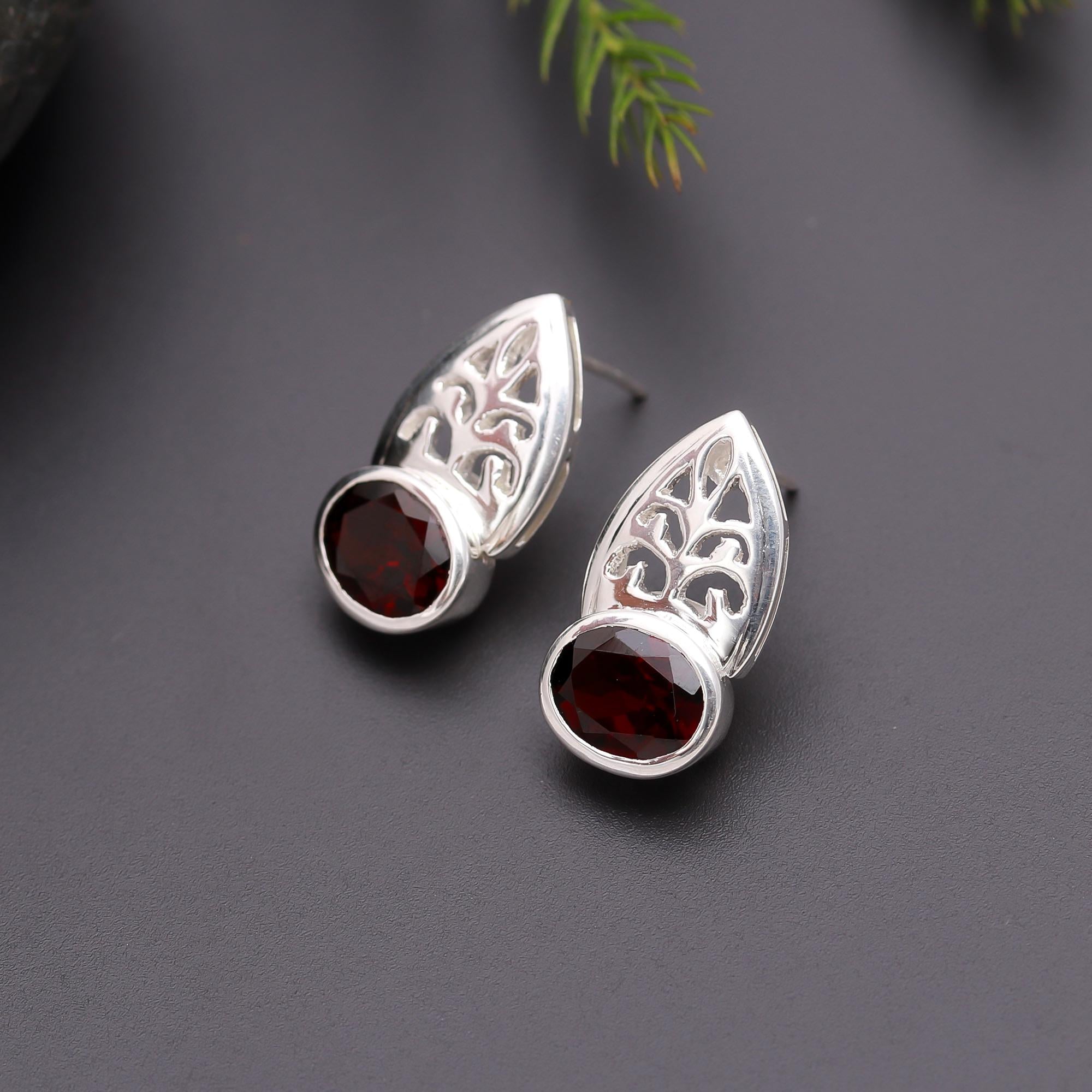 925 Silver Garnet Leaf Design Stud Earrings