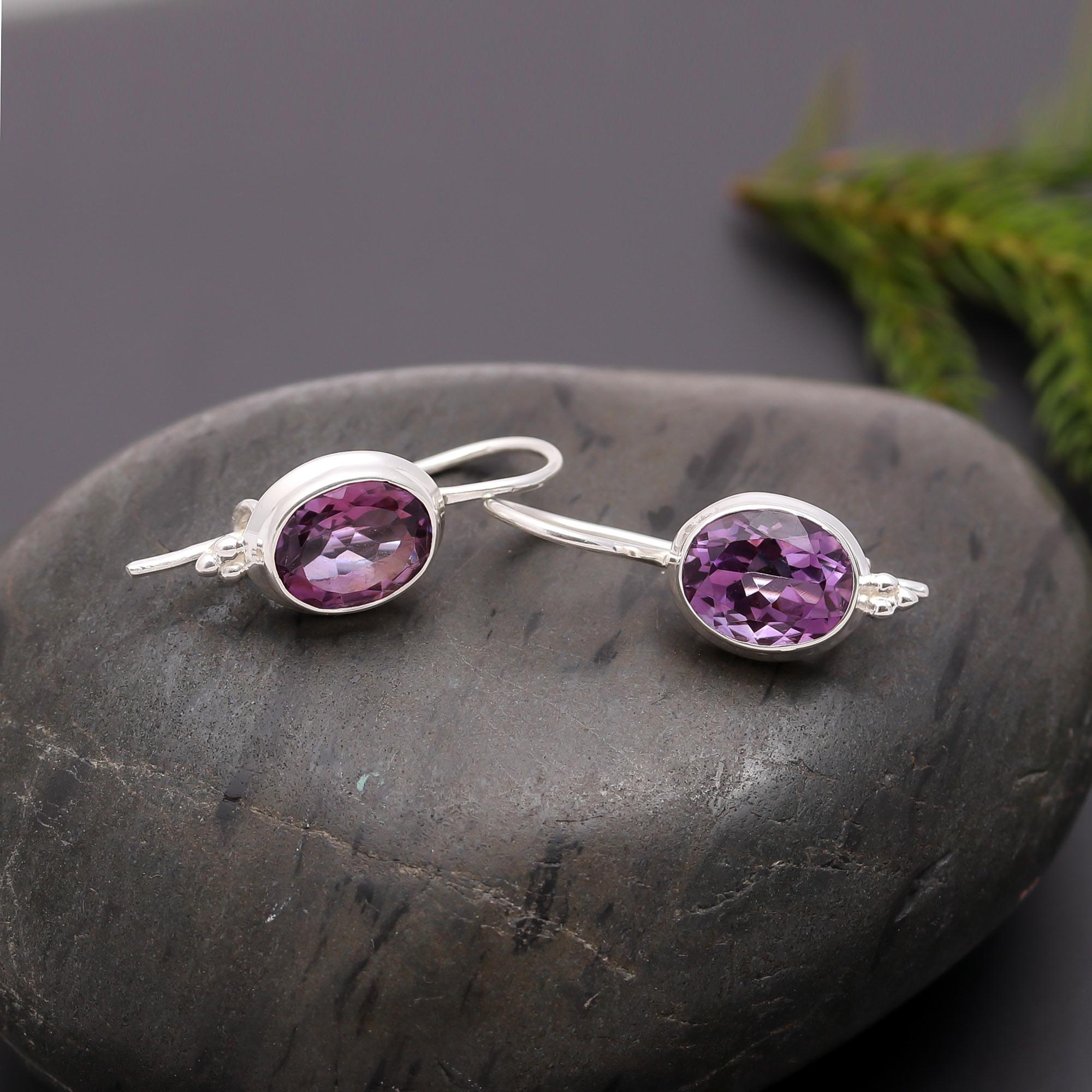 925 Silver Oval Amethyst Dangle Earrings