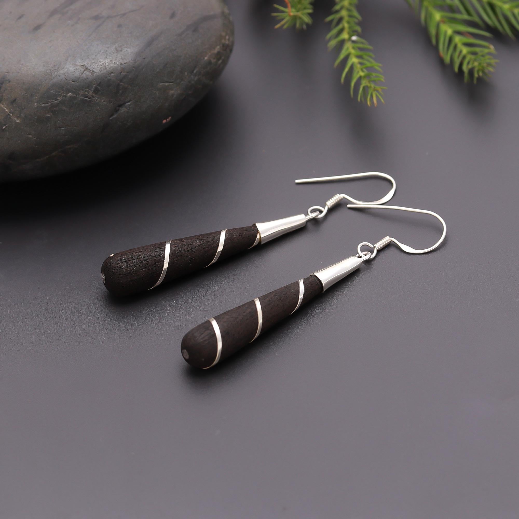 925 Silver and Wood Spiral Cone Dangle Earrings
