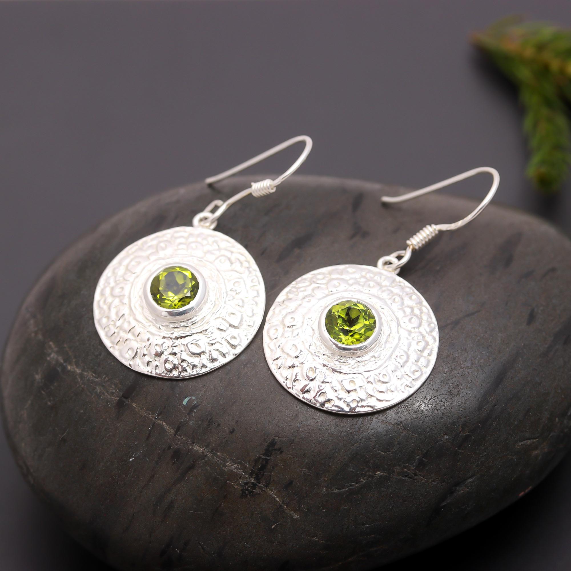 925 Silver Round Textured Peridot Dangle Earrings