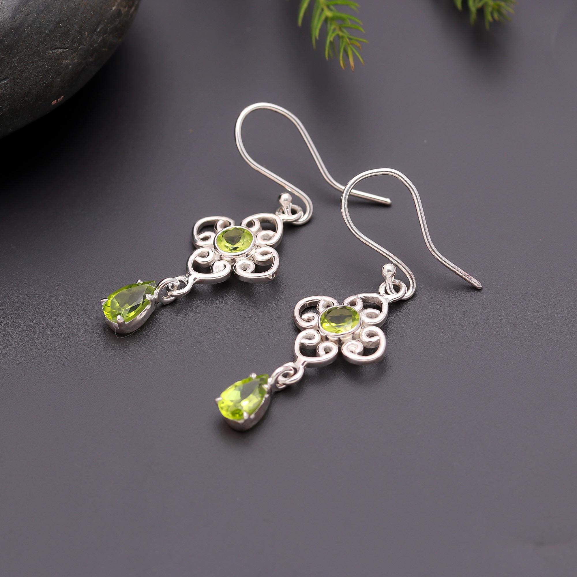 925 Silver Peridot Drop Dangle Earrings