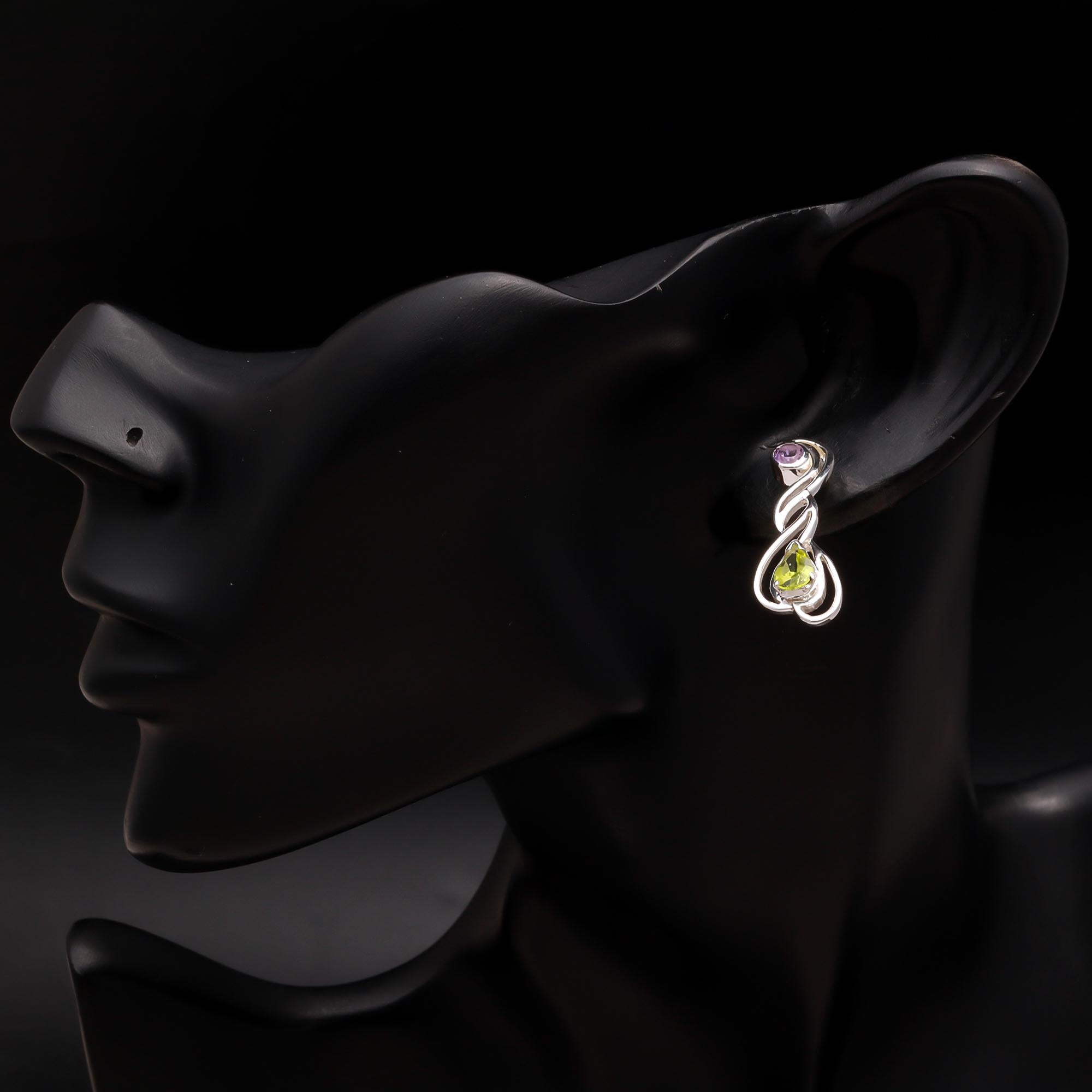 925 Silver Peridot and Amethyst Twist Drop Earrings