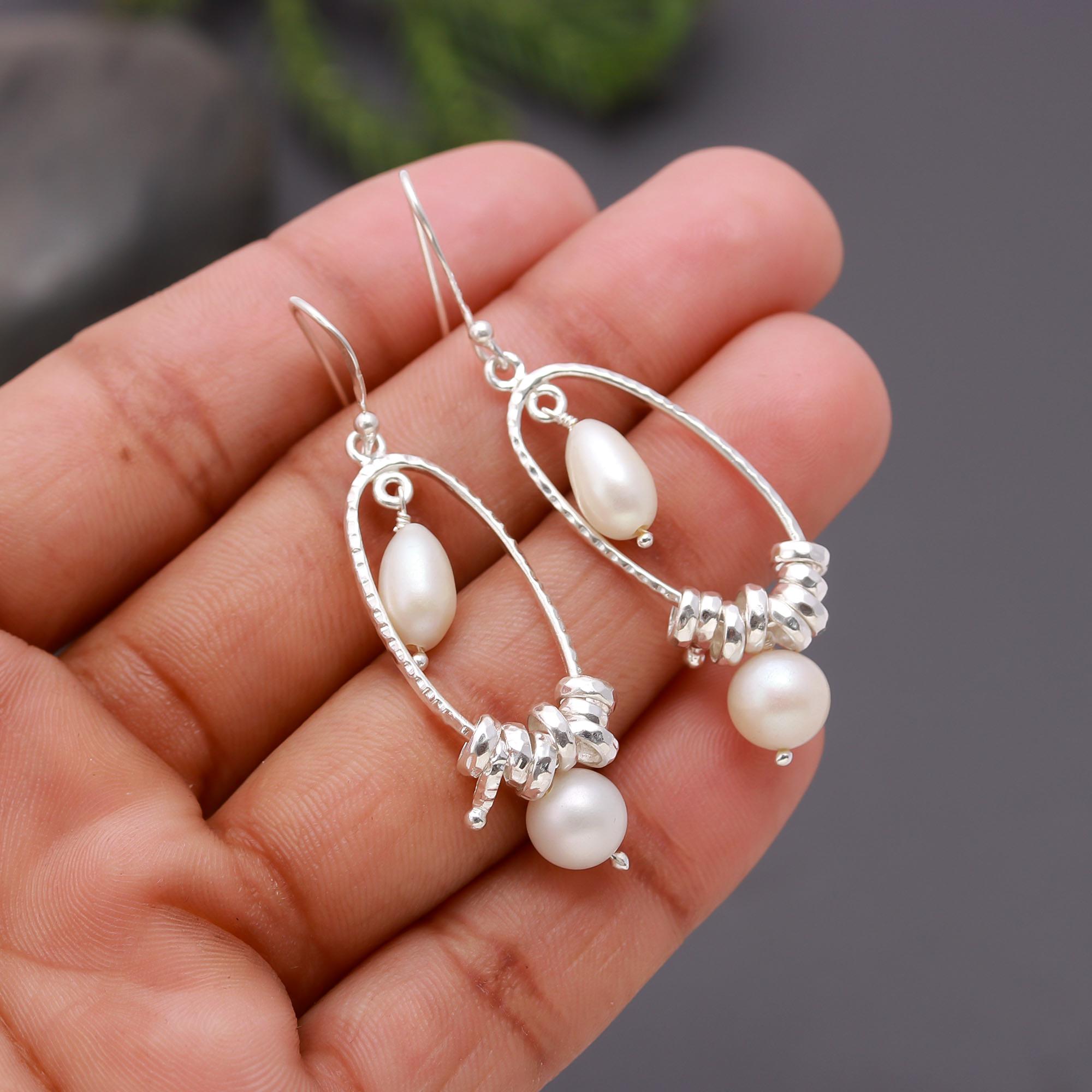 925 Silver Pearl Oval Dangle Earrings