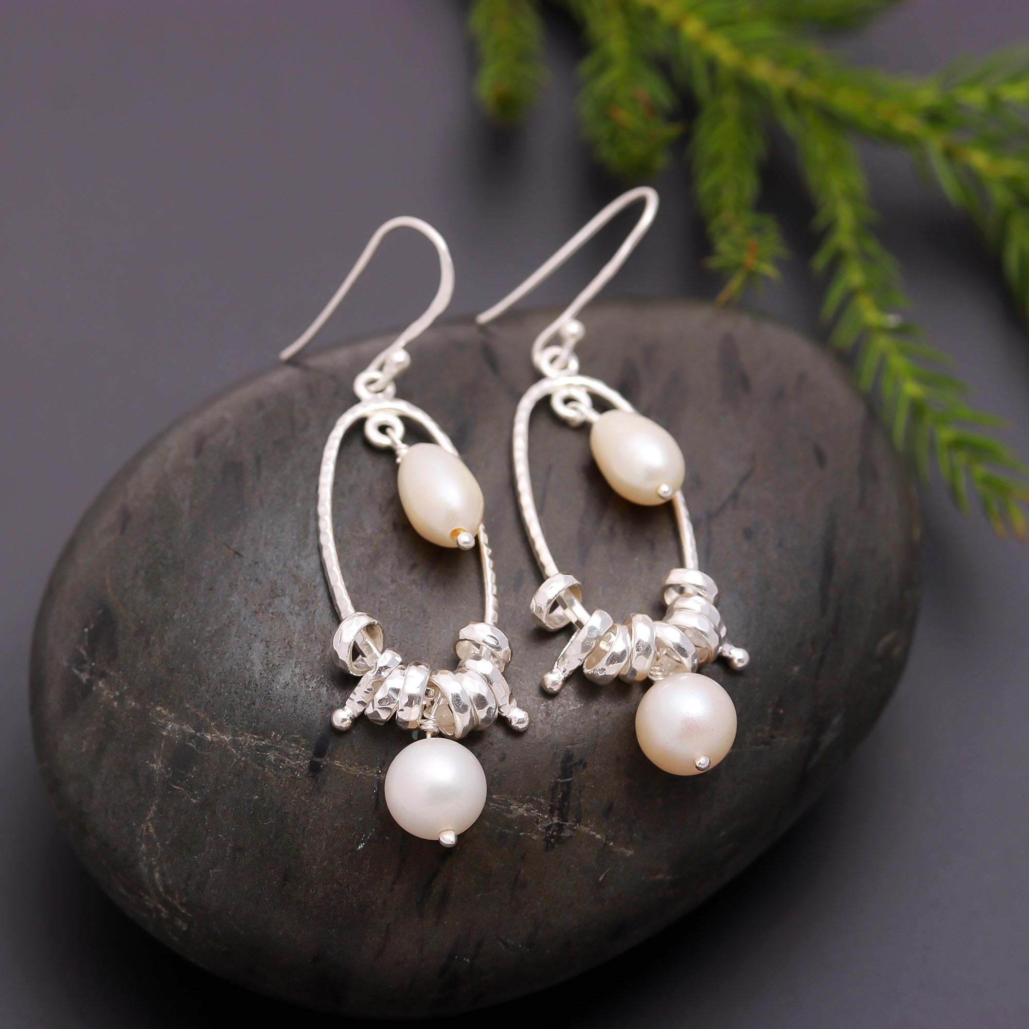 925 Silver Pearl Oval Dangle Earrings