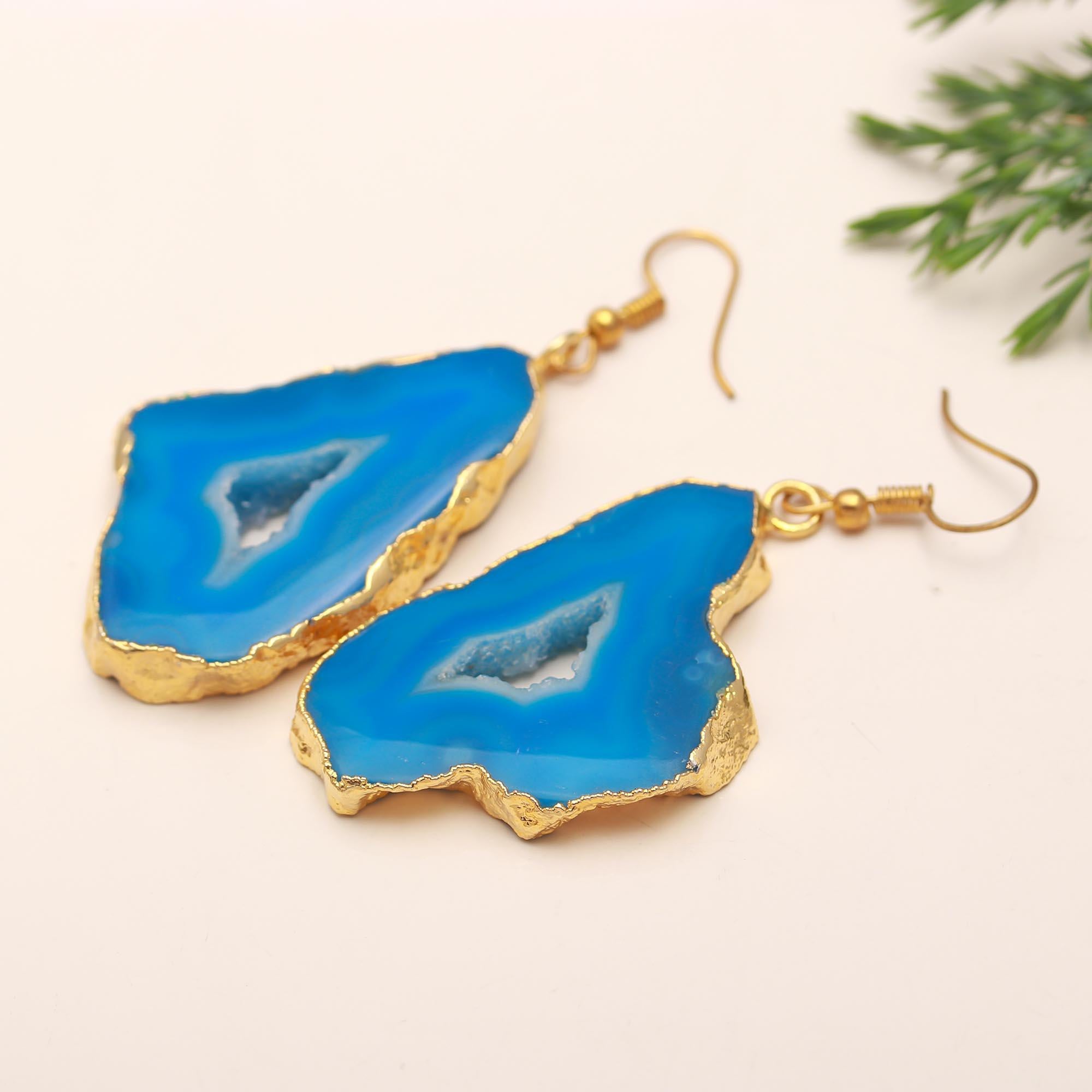 925 Silver Blue Agate Slice Dangle Earrings