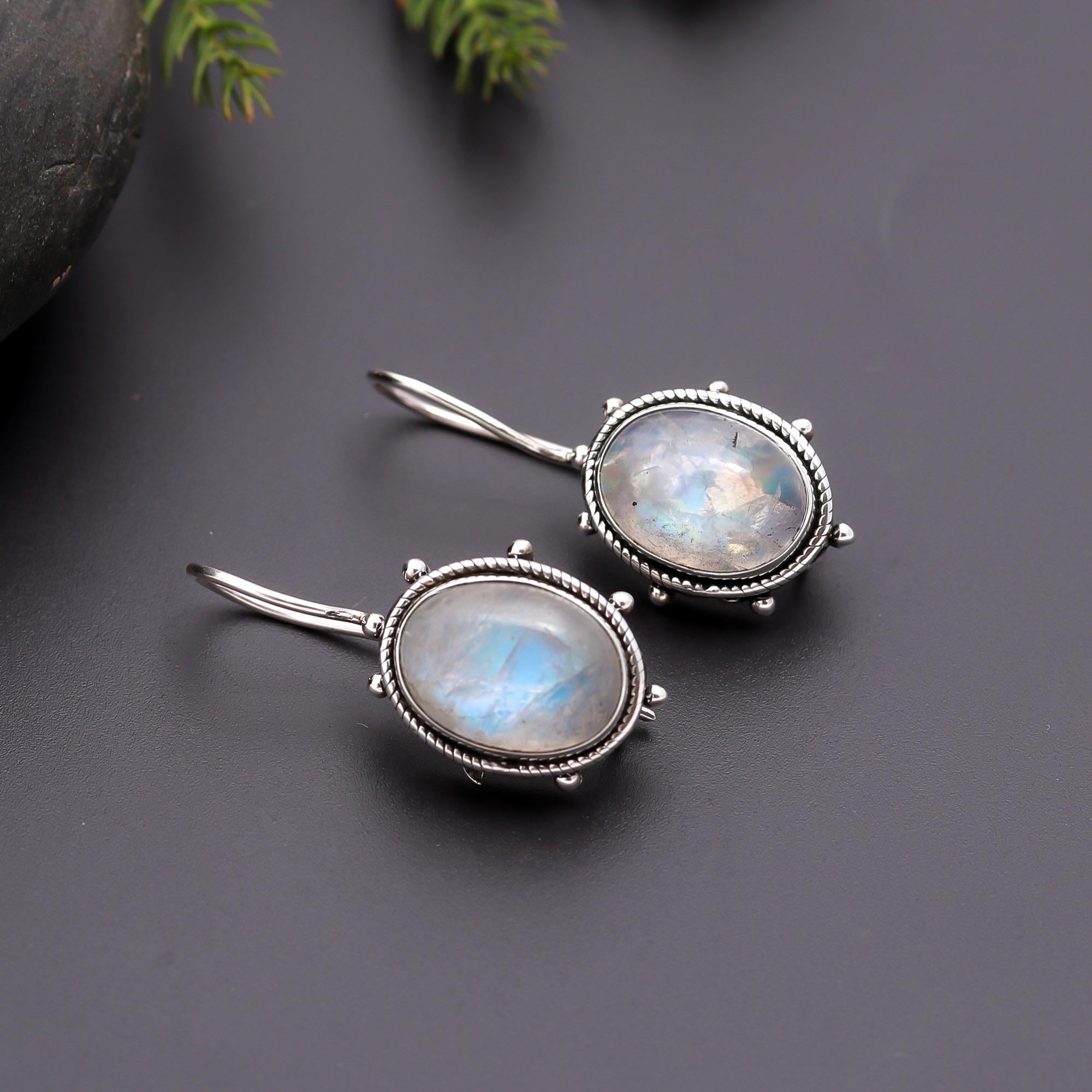925 Silver Moonstone Beaded Frame Dangle Earrings