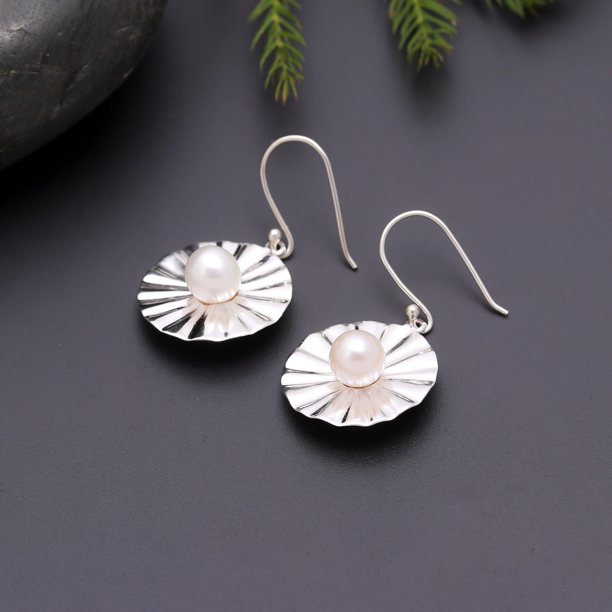 925 Silver Textured Round Pearl Dangle Earrings