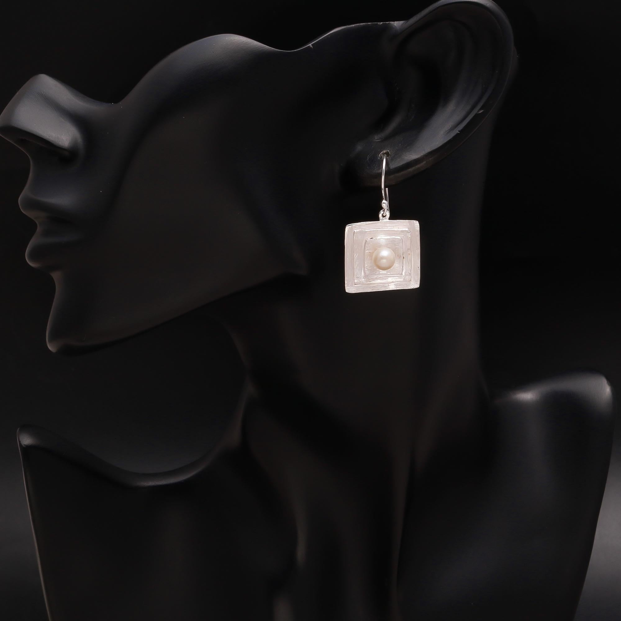 925 Silver Textured Square Pearl Dangle Earrings