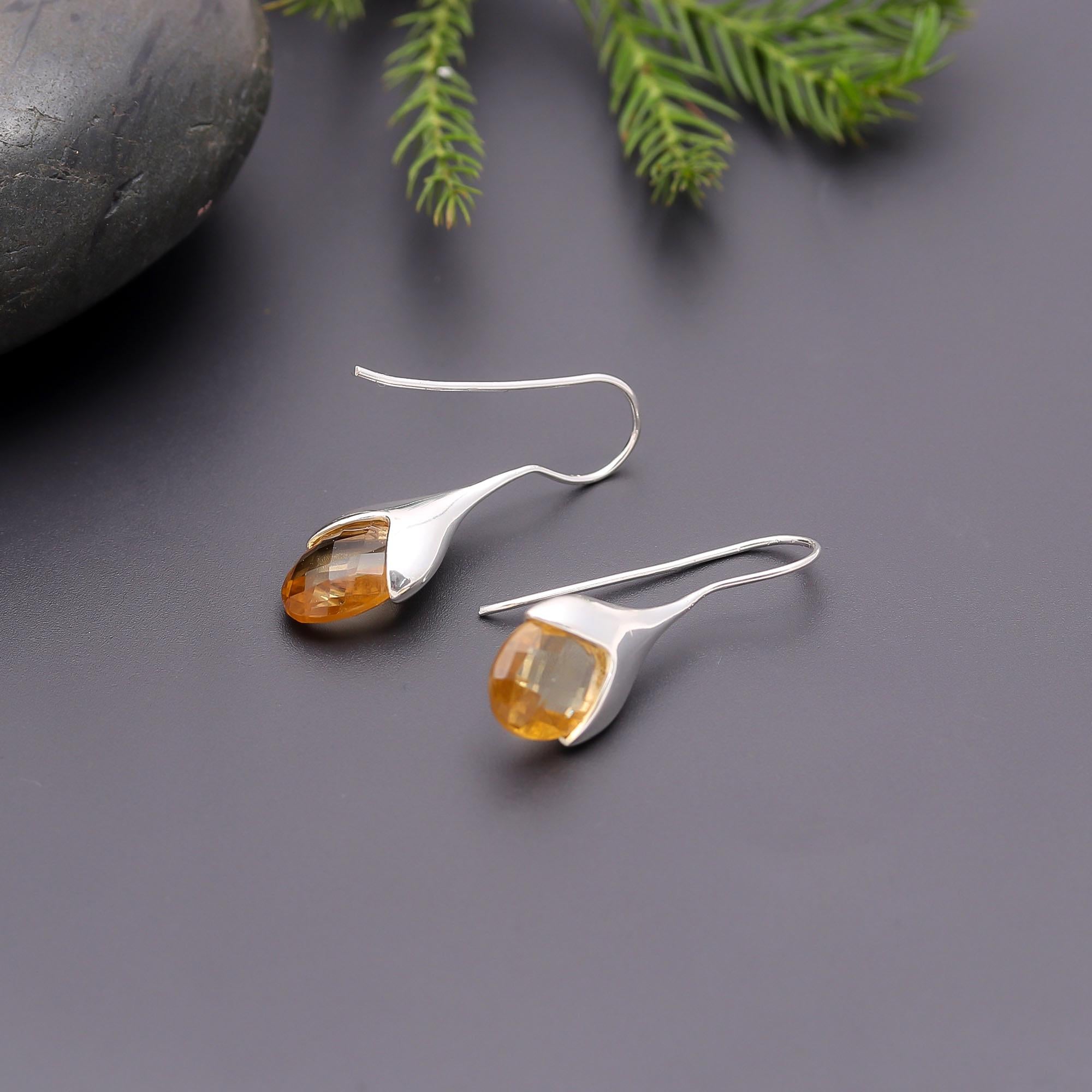 925 Silver Faceted Citrine Teardrop Earrings