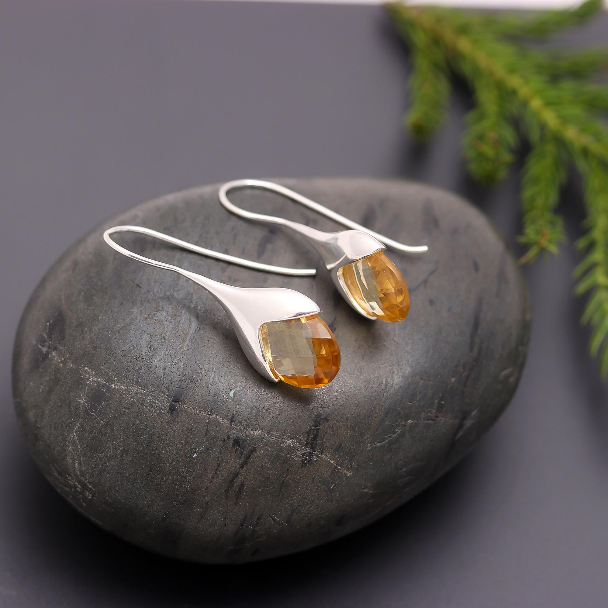 925 Silver Faceted Citrine Teardrop Earrings
