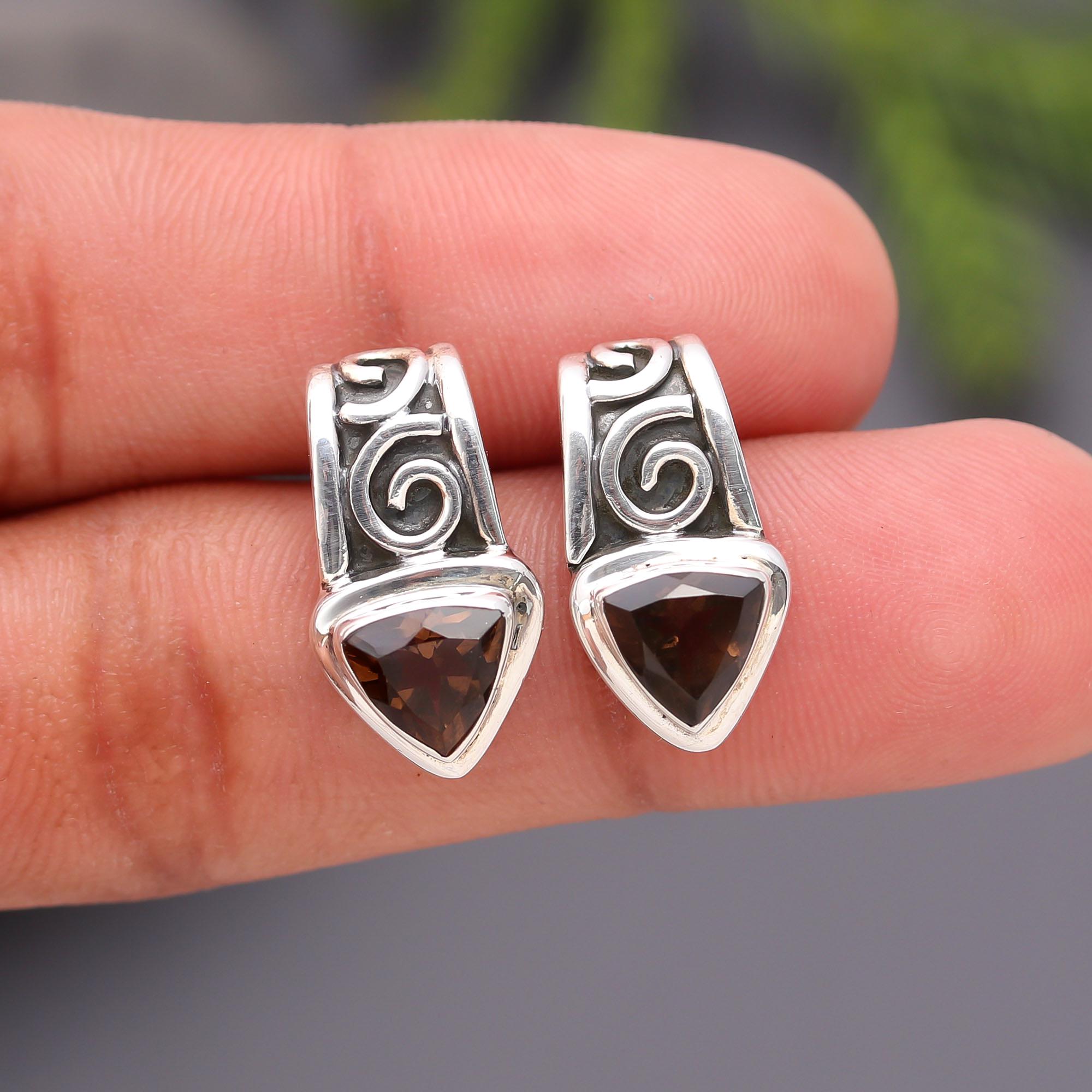 925 Silver Smoky Quartz Swirl Stud Earrings