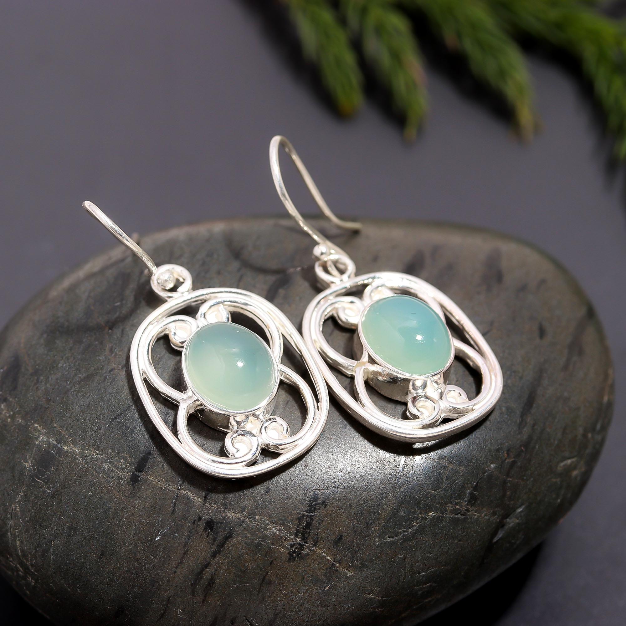 925 Silver Chalcedony Filigree Dangle Earrings
