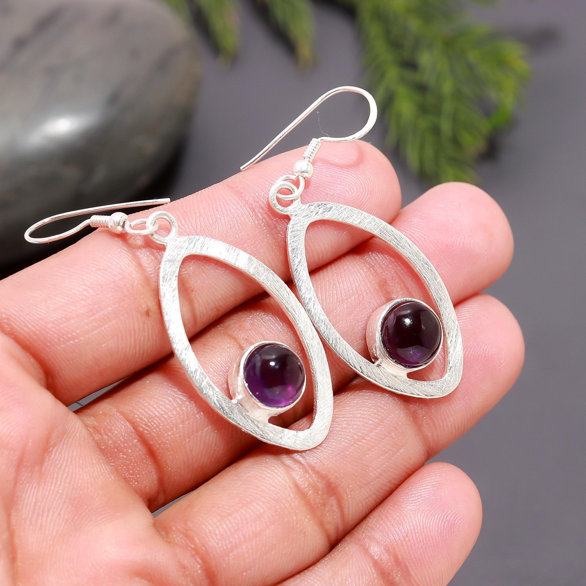 925 Silver Oval Frame Amethyst Dangle Earrings
