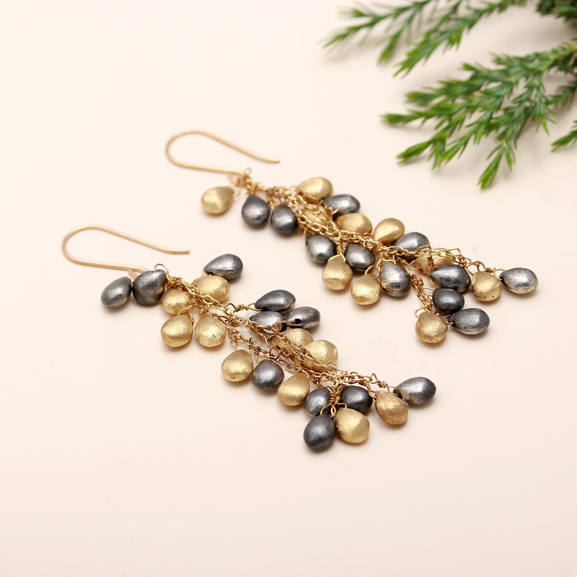 Brass Grapevine Bunch Dangle Earrings with Scratch Texture