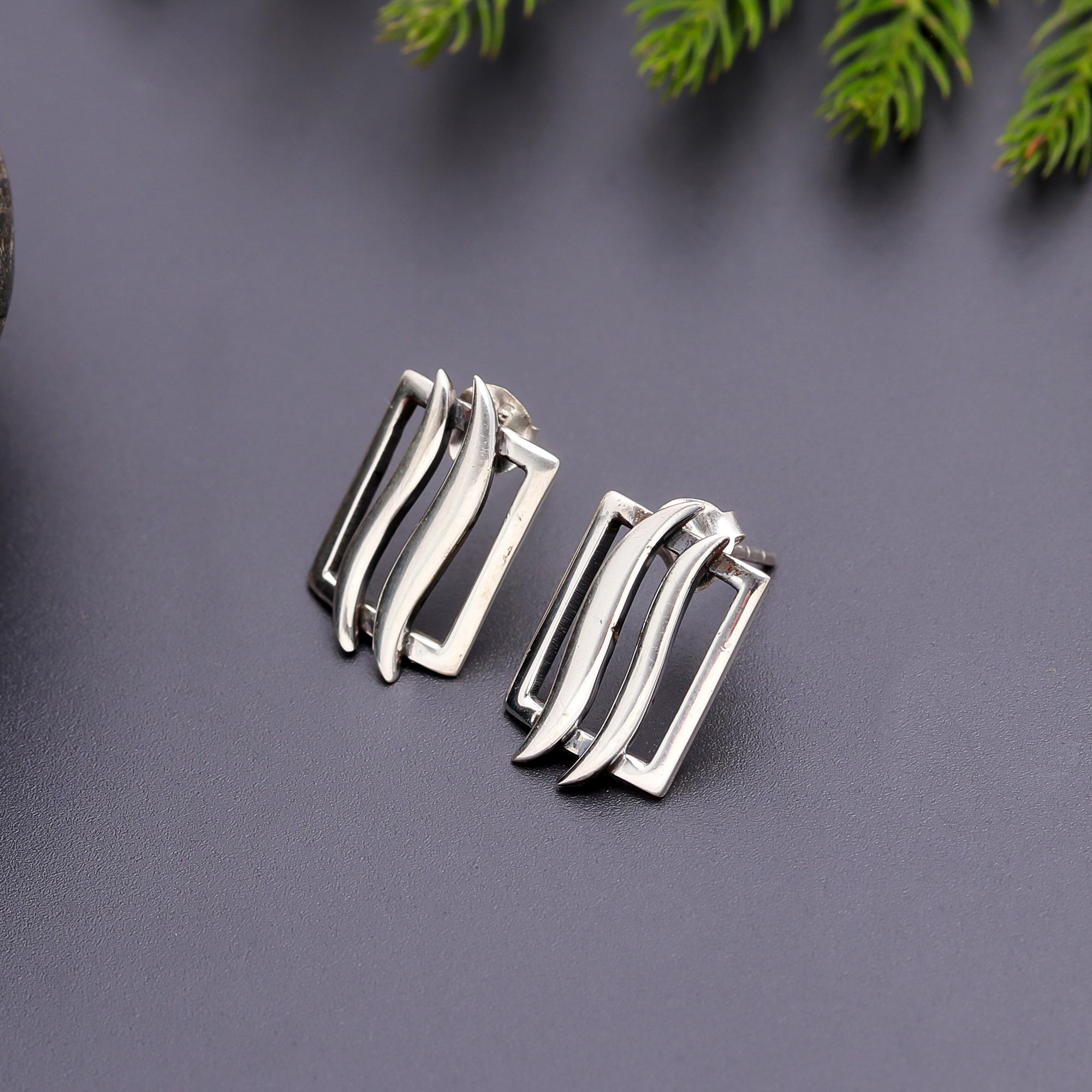 925 Silver Abstract Rectangle Stud Earrings