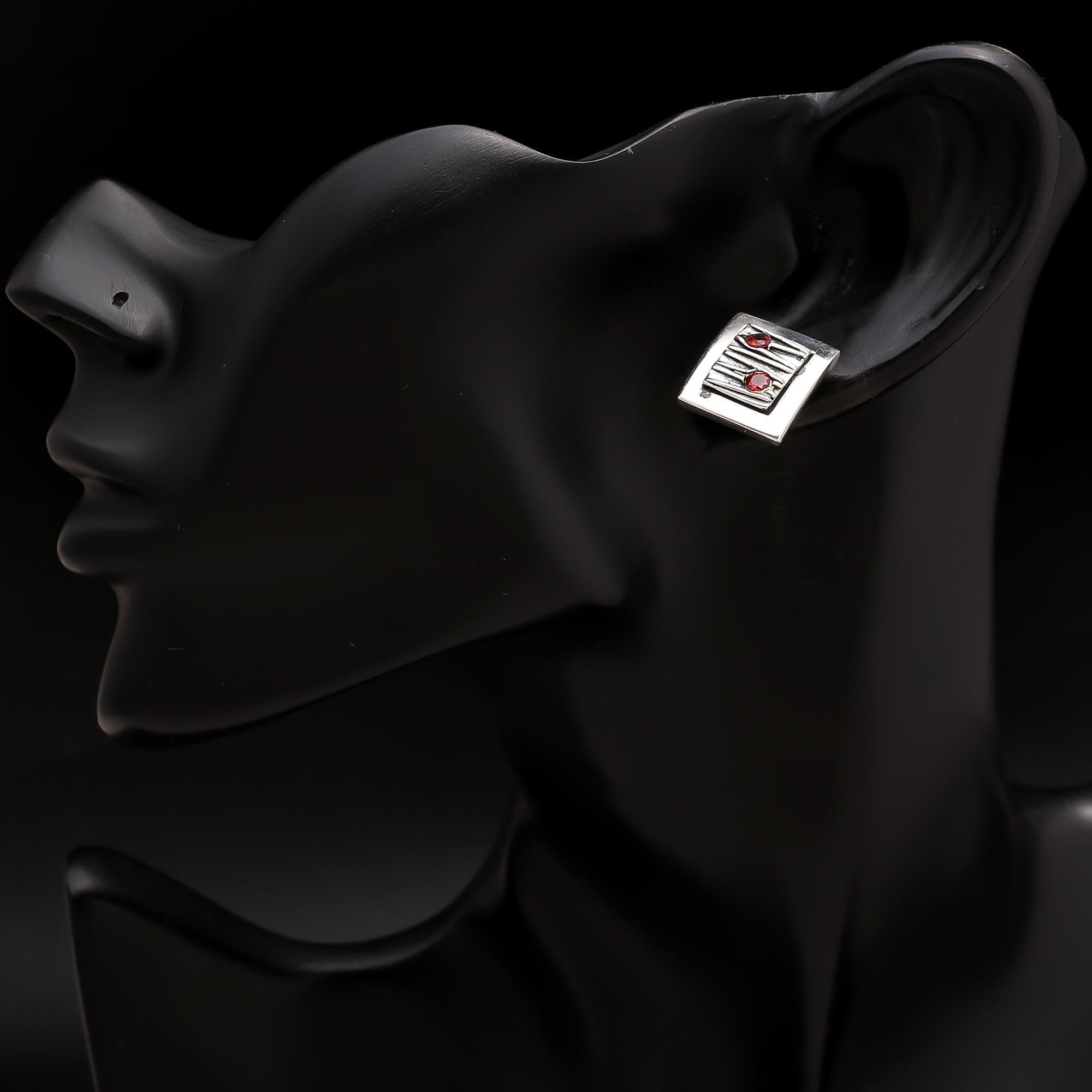 925 Silver Square Garnet Stud Earrings