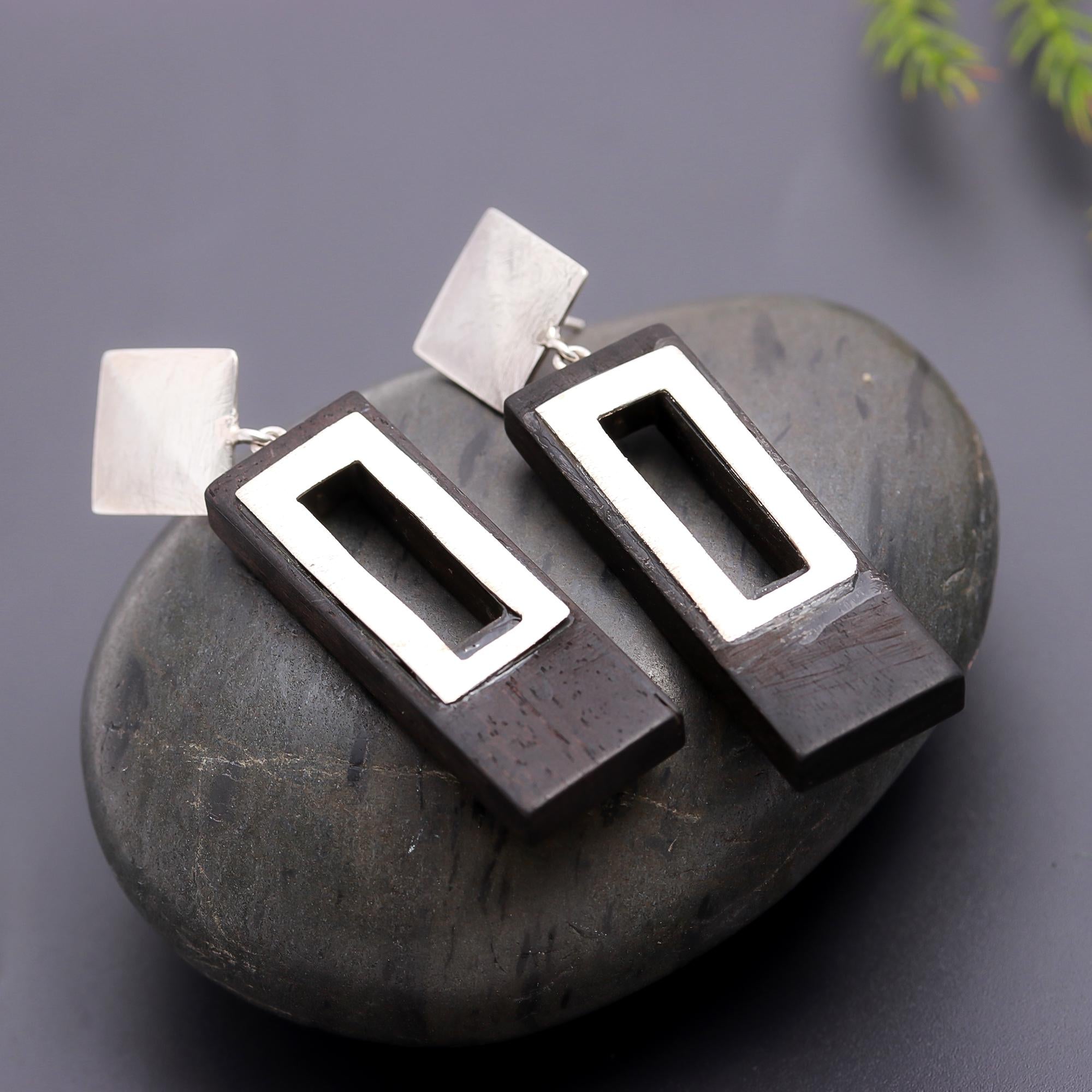 925 Silver and Wood Rectangle Drop Earrings
