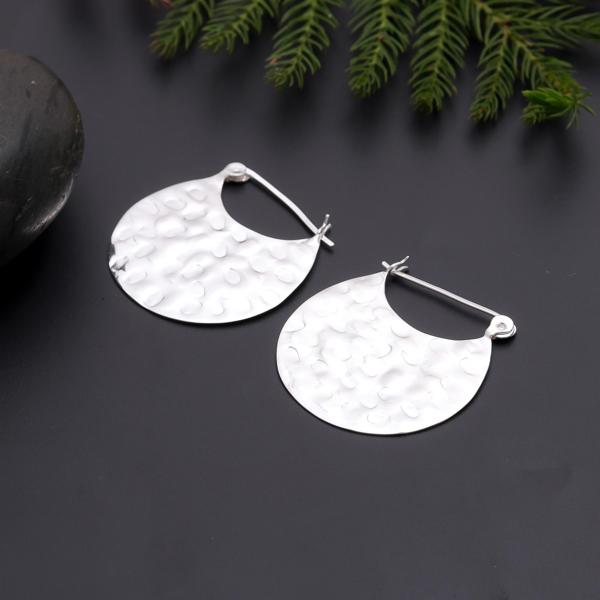 925 Silver Hammered Half Moon Hoop Earrings