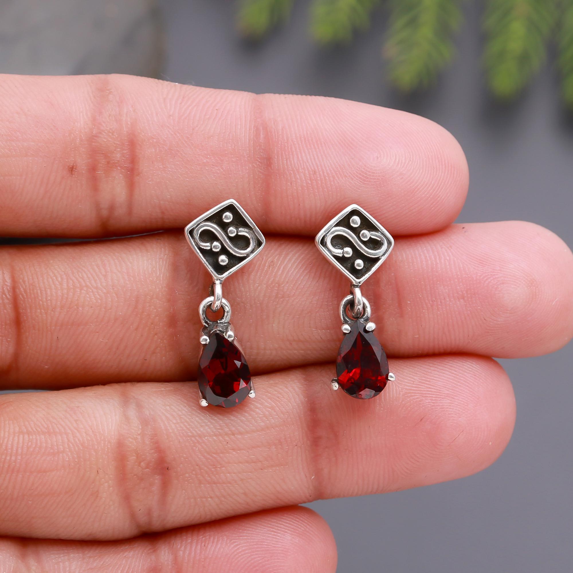 925 Silver Garnet Drop Earrings
