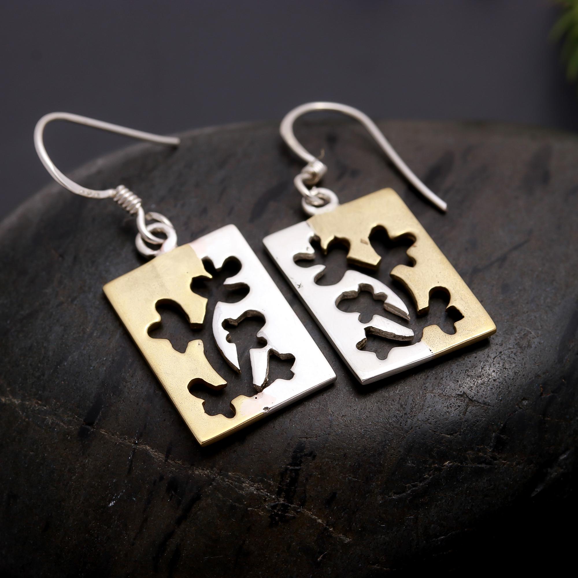 925 Silver Rectangle Floral Dangle Earrings