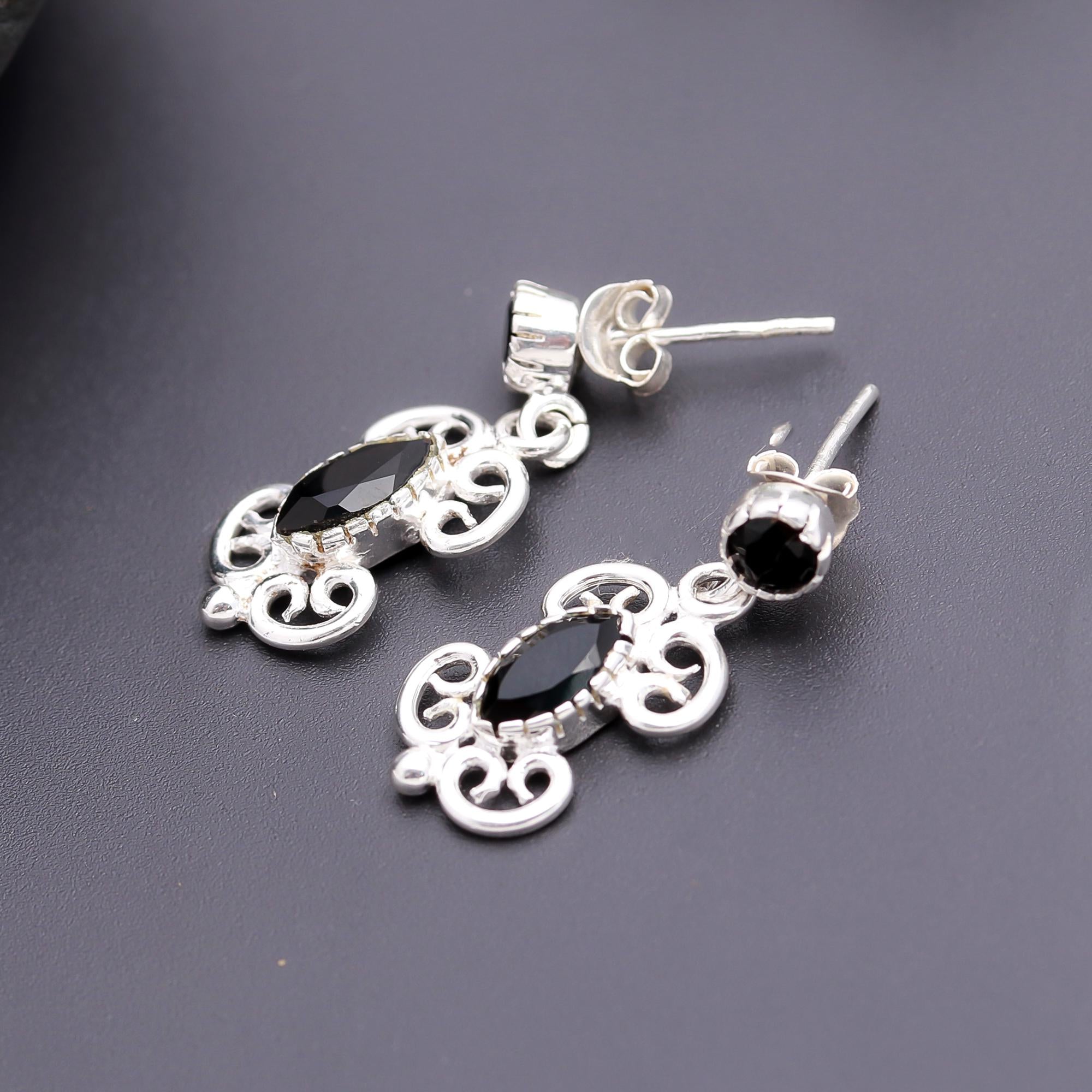 925 Silver Black Onyx Filigree Drop Earrings