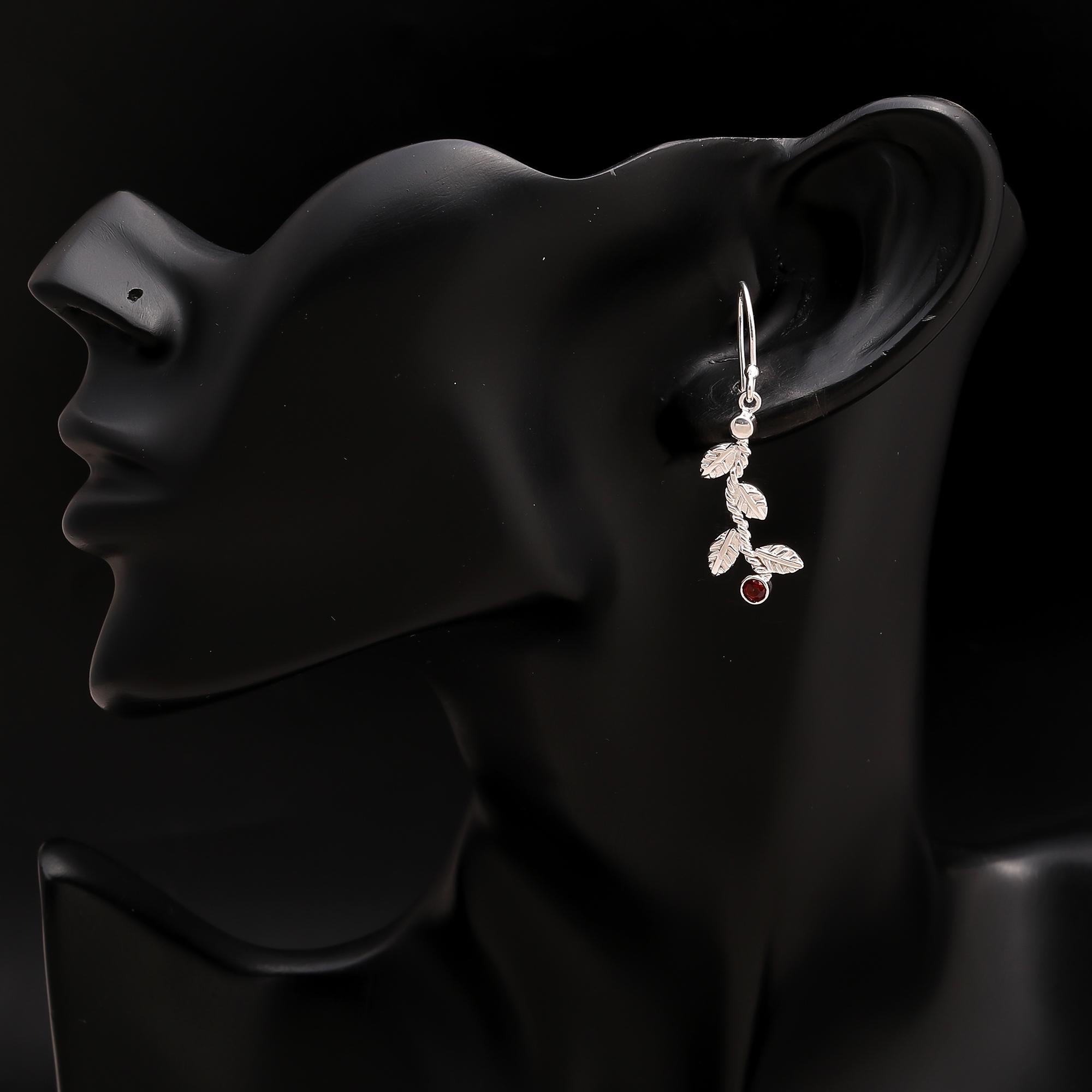 925 Silver Leaf Garnet Dangle Earrings