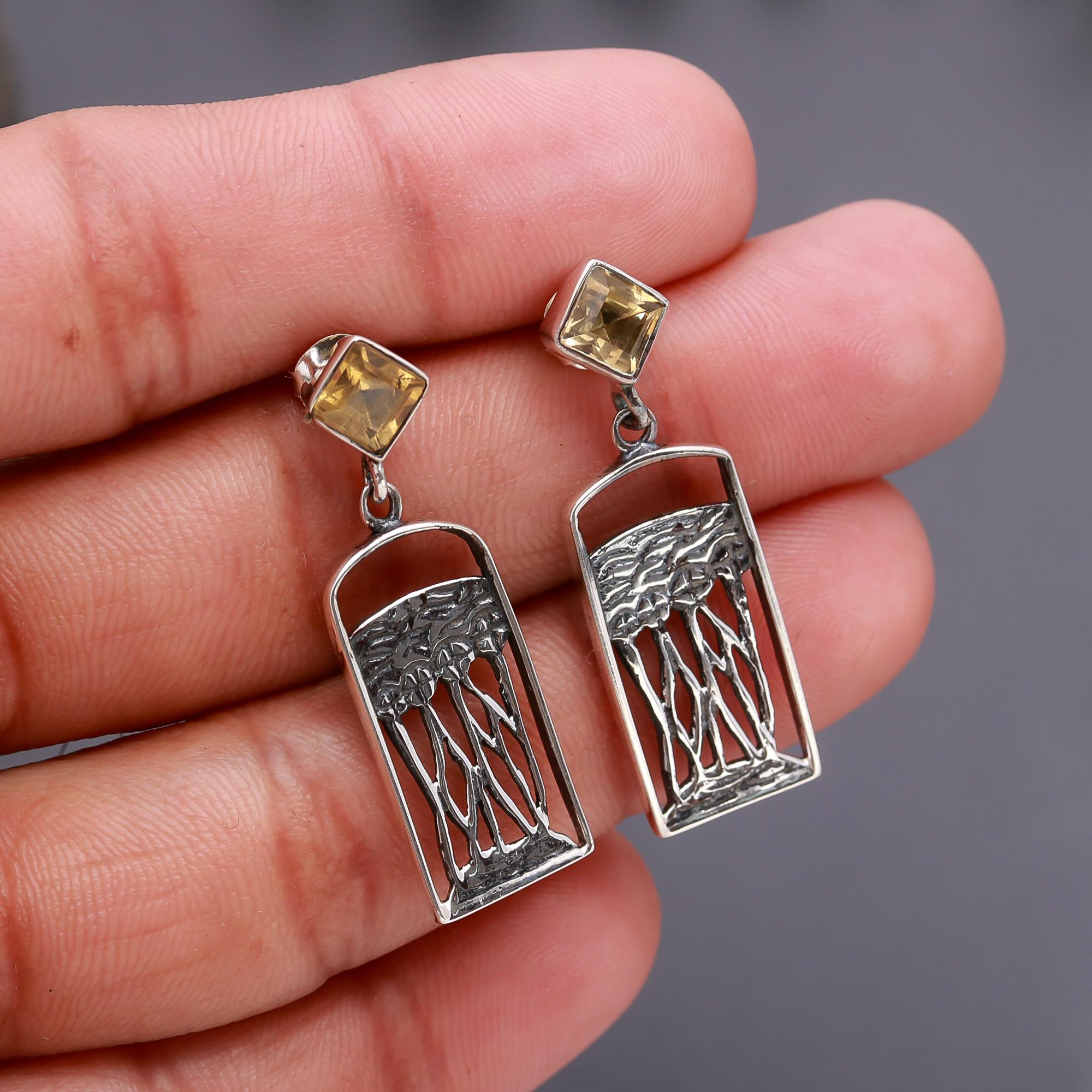 The Golden Root: Citrine & Silver Textured Art Earrings