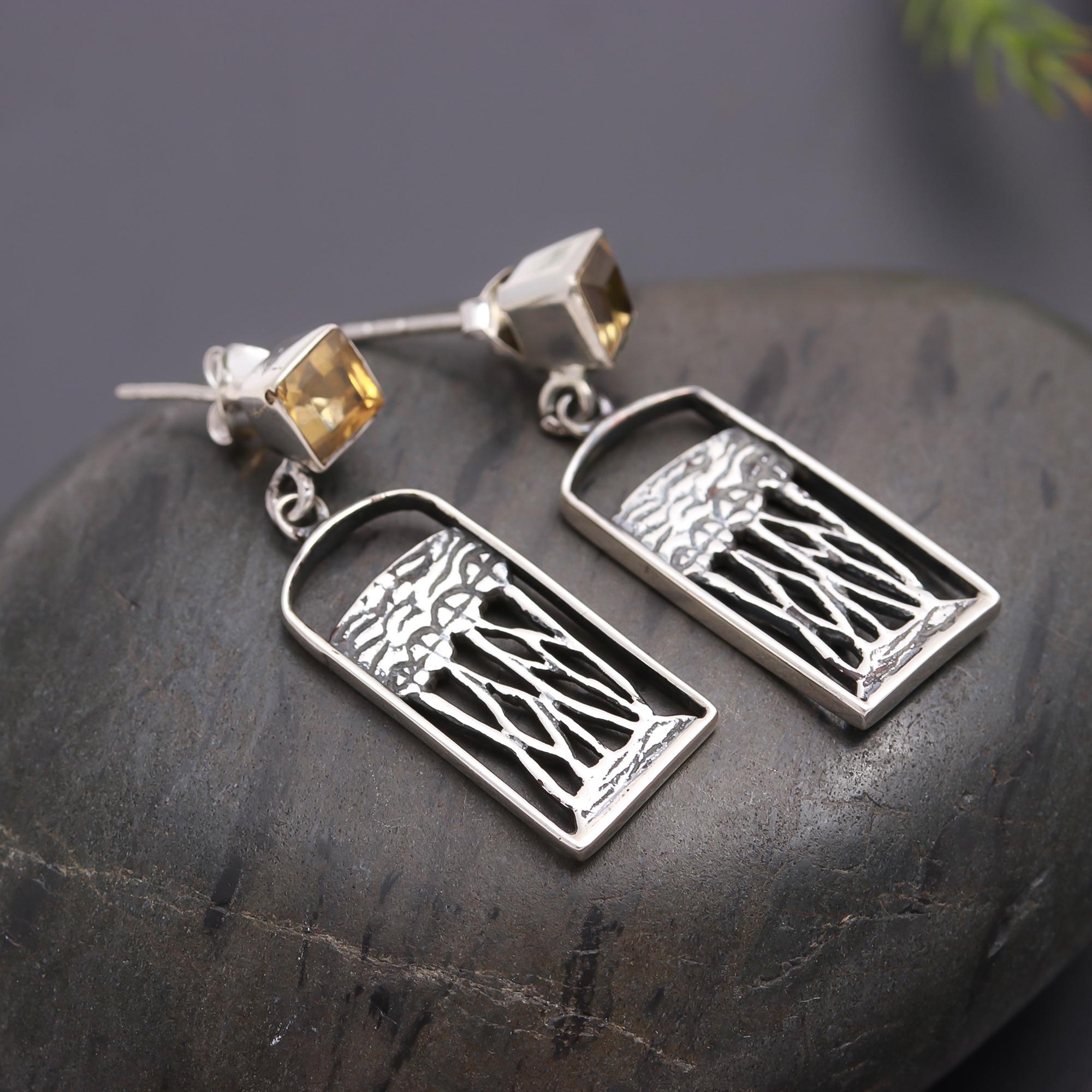 The Golden Root: Citrine & Silver Textured Art Earrings