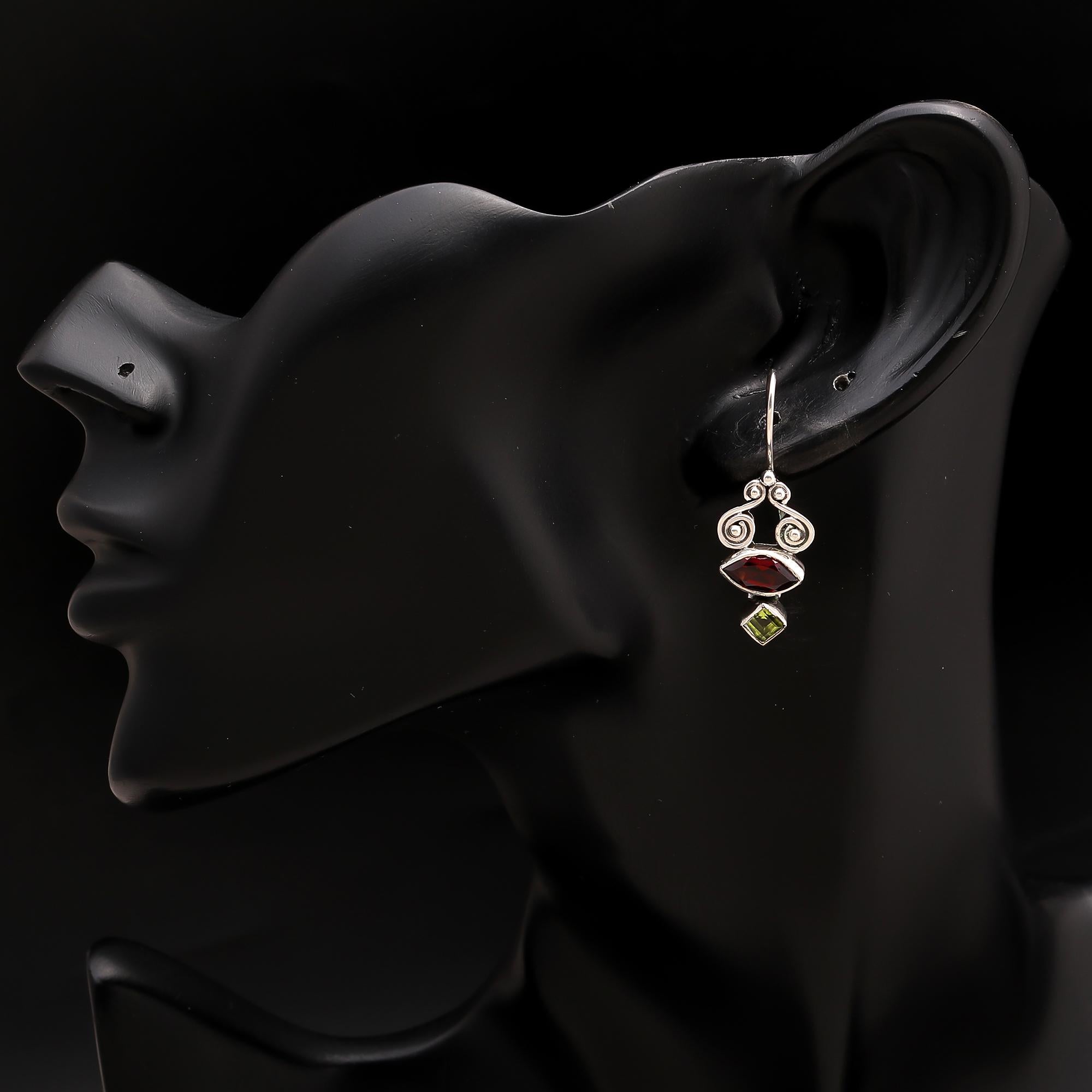 925 Silver Garnet & Peridot Dangle Earrings