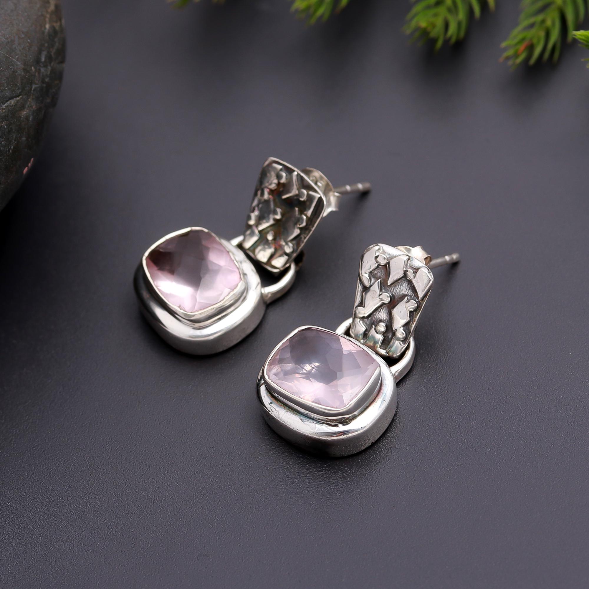 925 Silver Rose Quartz Drop Earrings
