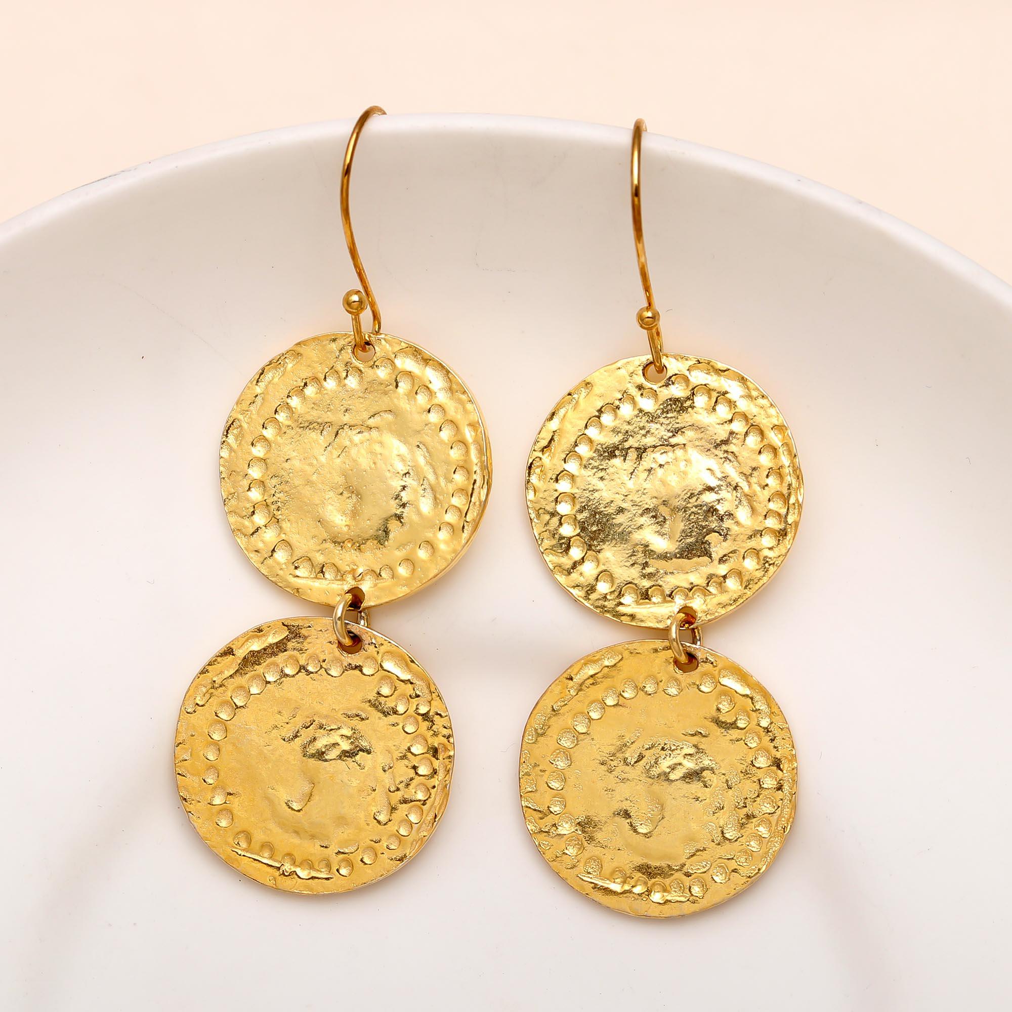 The Gilded Trio: Hammered Gold Coin Triple Drop Earrings