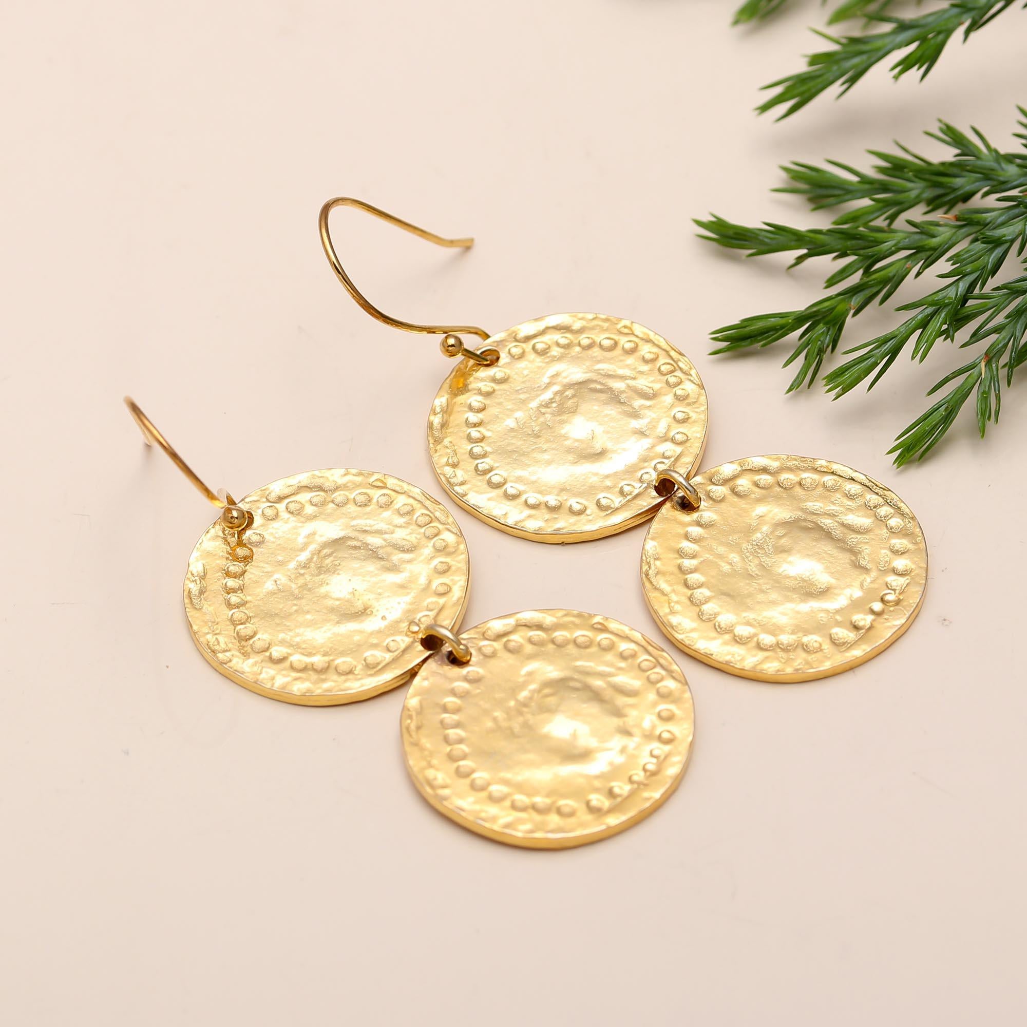 The Gilded Trio: Hammered Gold Coin Triple Drop Earrings