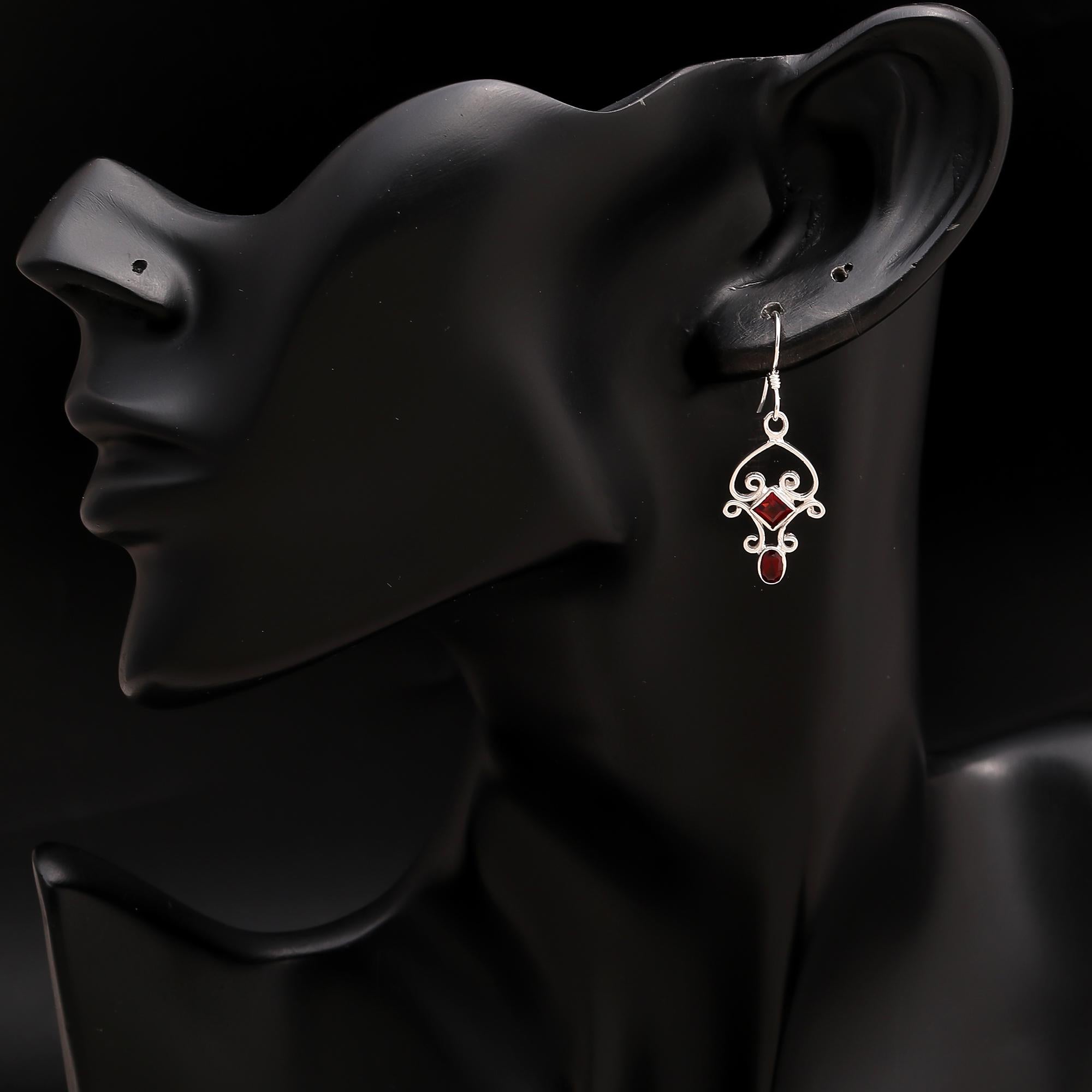 925 Silver Scroll Garnet Dangle Earrings