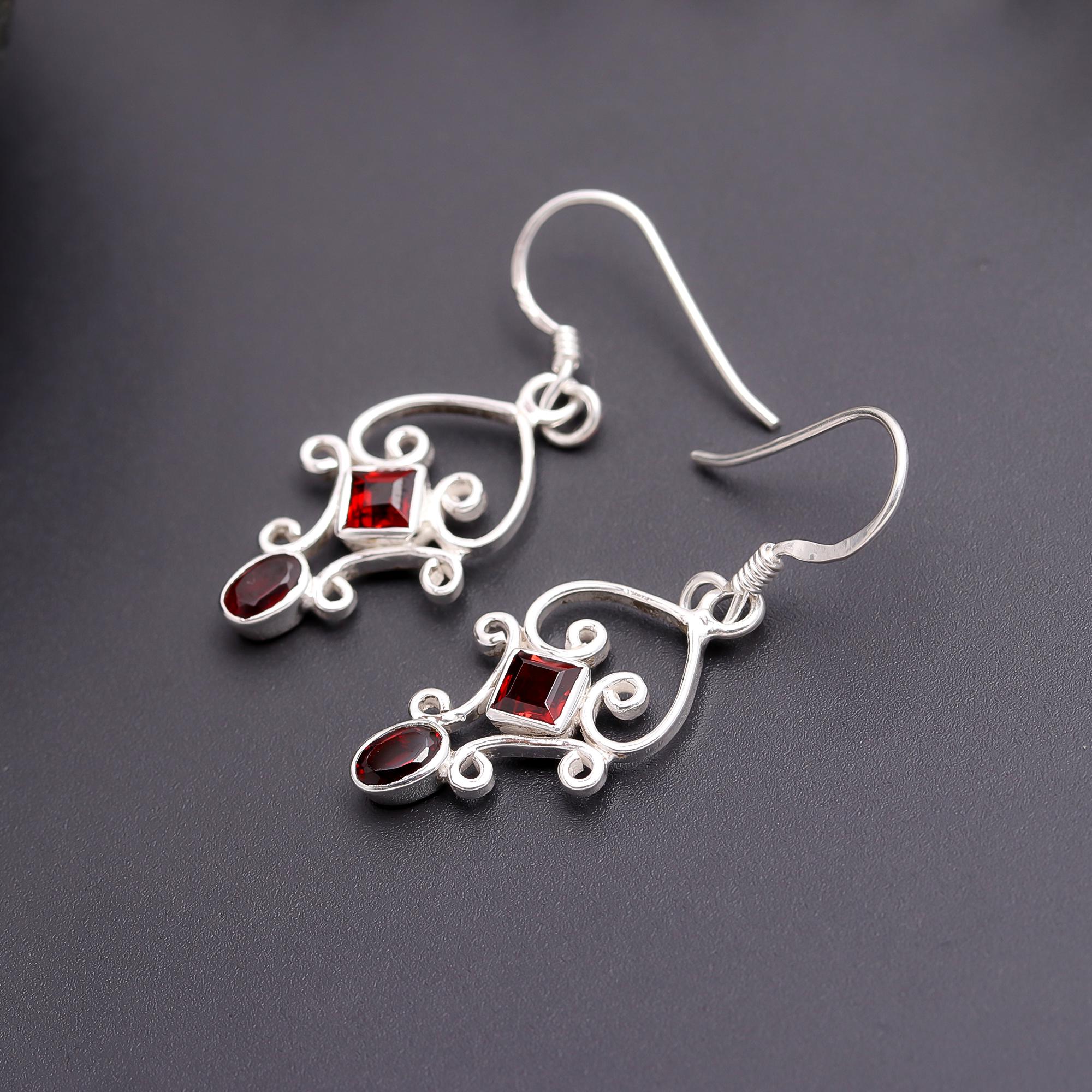 925 Silver Scroll Garnet Dangle Earrings