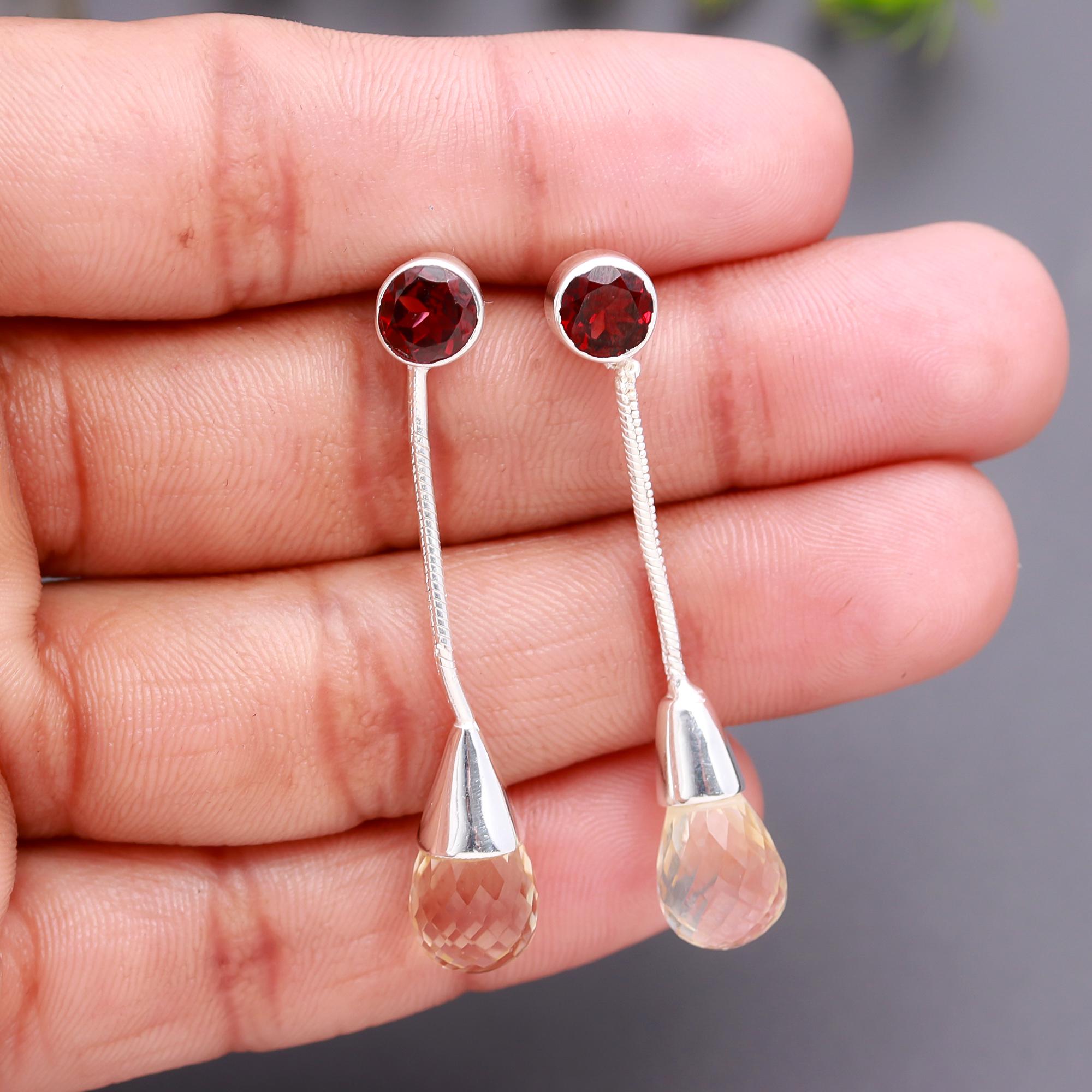 925 Silver Garnet and Citrine Long Drop Earrings