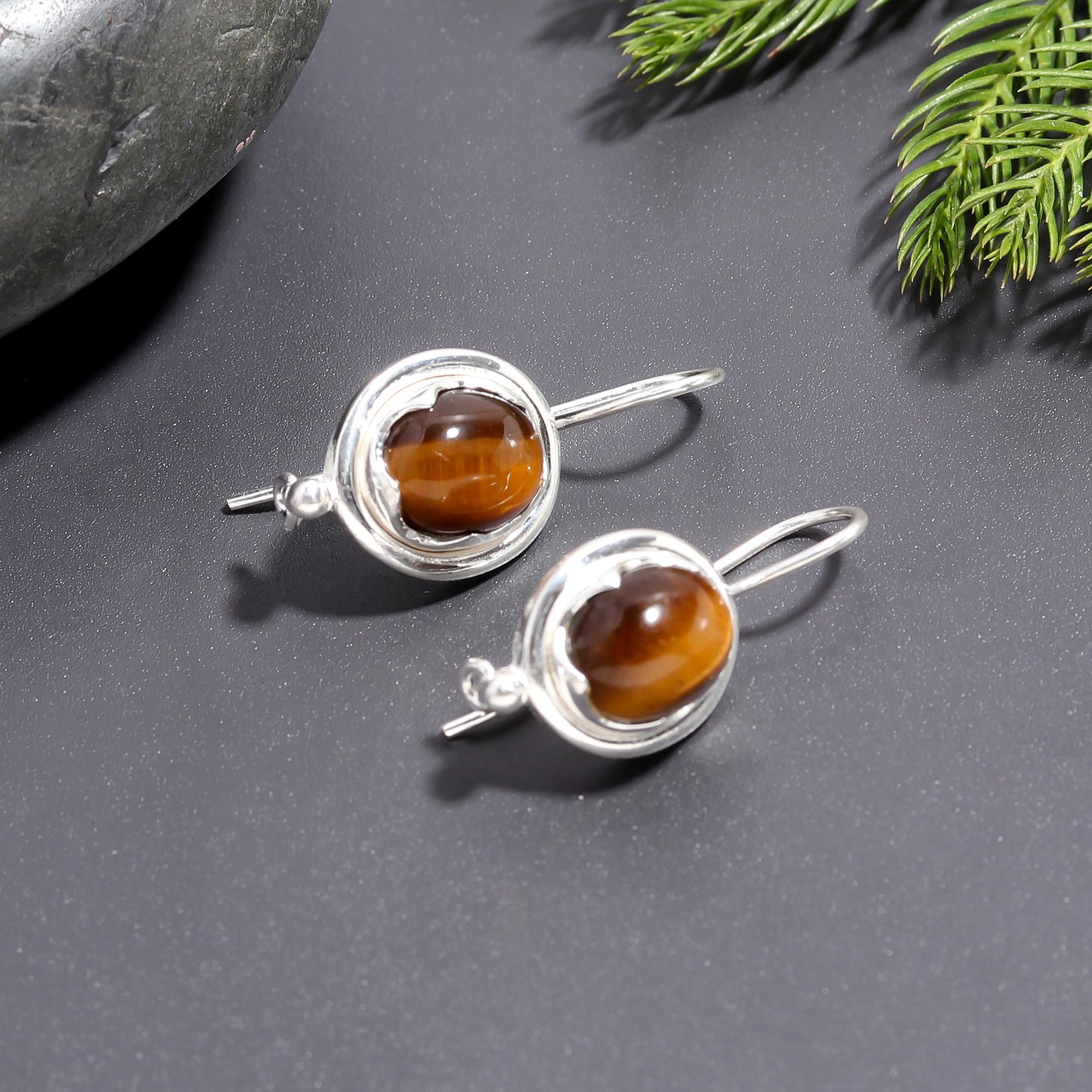 925 Silver Tiger Eye Dangle Earrings