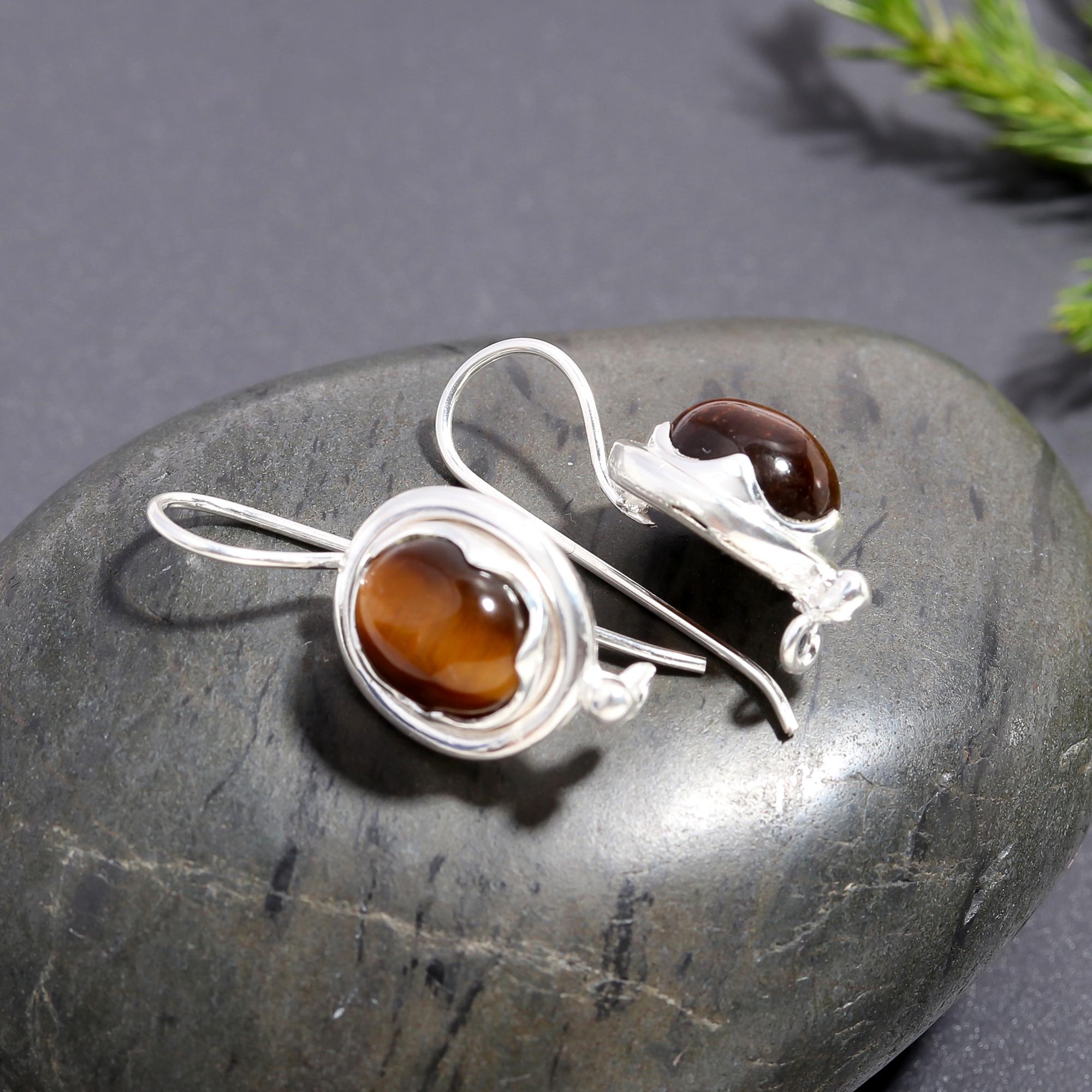925 Silver Tiger Eye Dangle Earrings