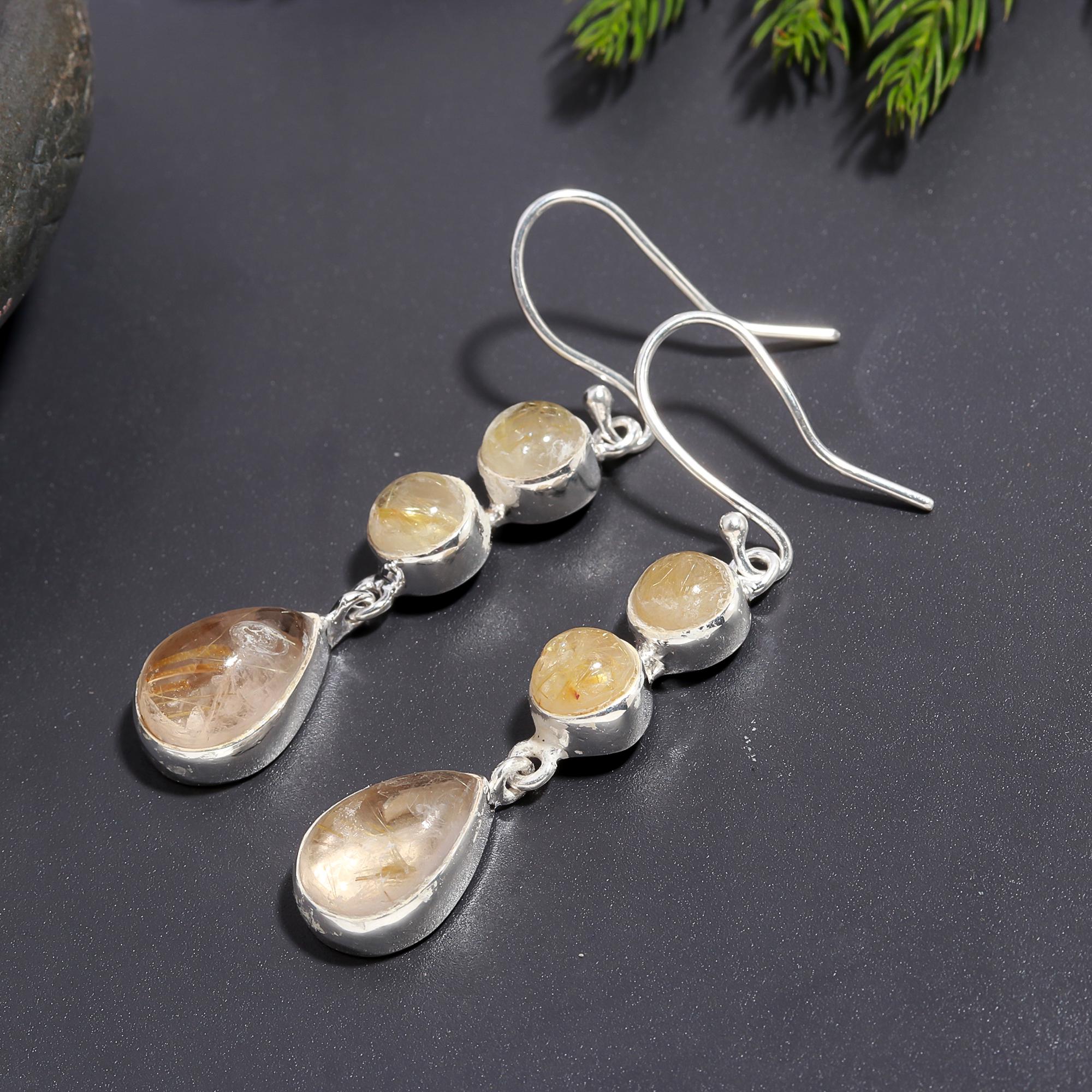925 Silver Rutilated Quartz Dangle Earrings