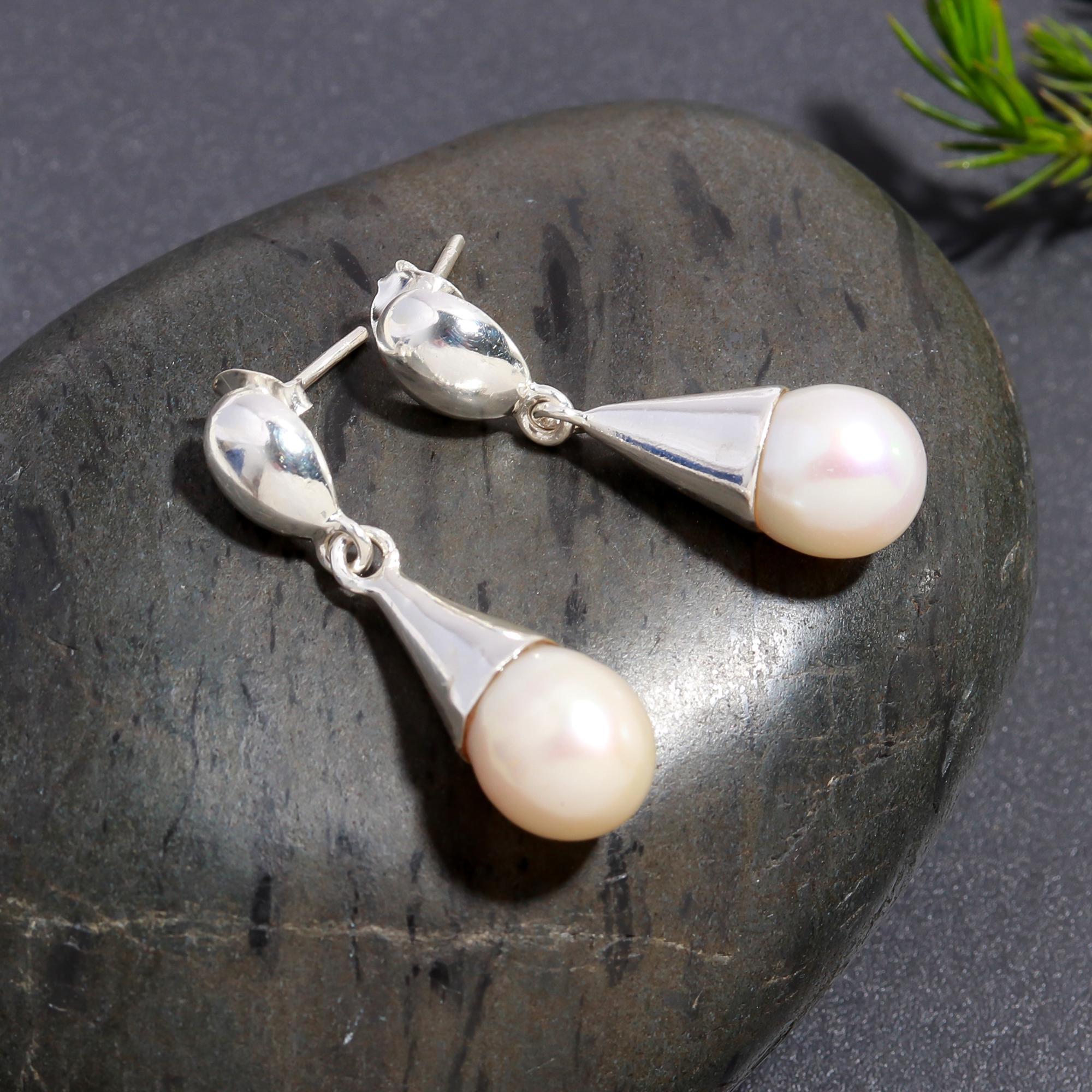 The Lunar Teardrop: Freshwater Pearl & Silver Cap Earrings