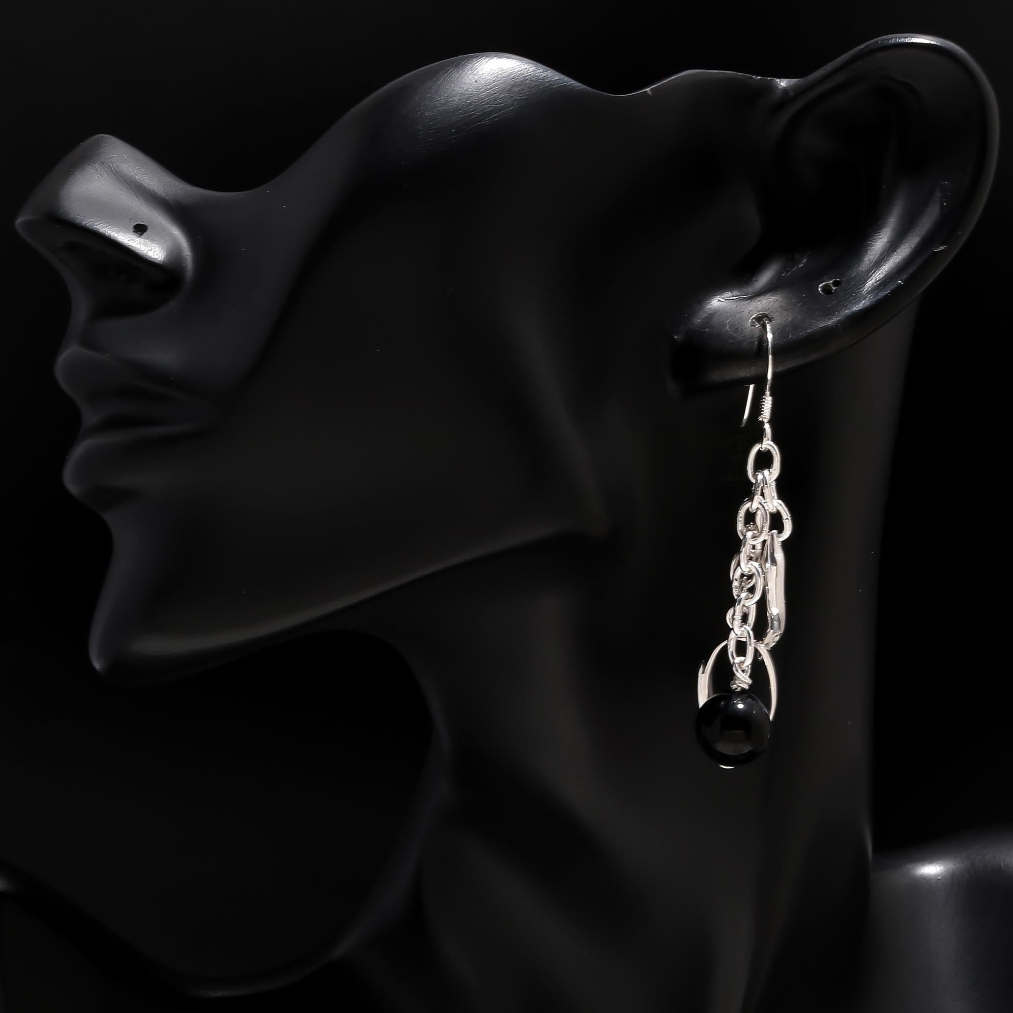 925 Silver Black Onyx Chain Dangle Earrings