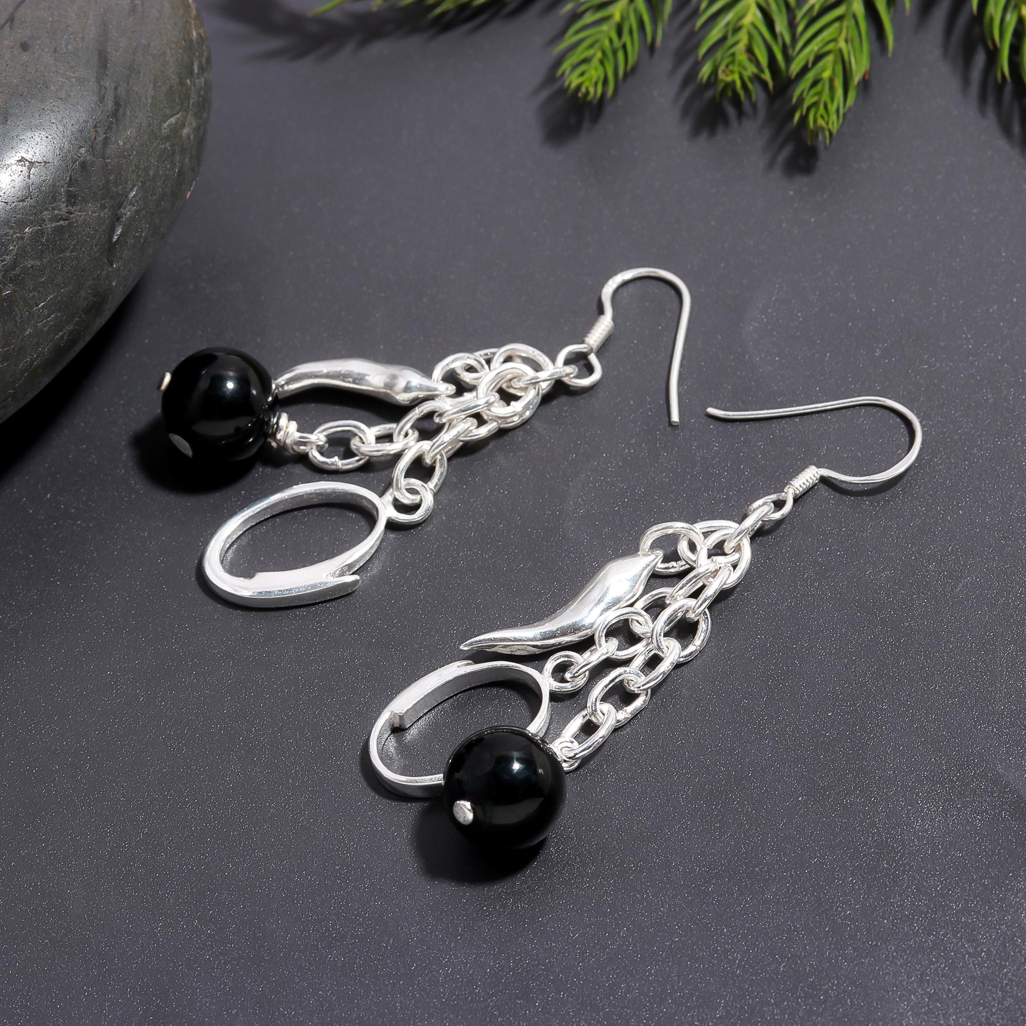 925 Silver Black Onyx Chain Dangle Earrings