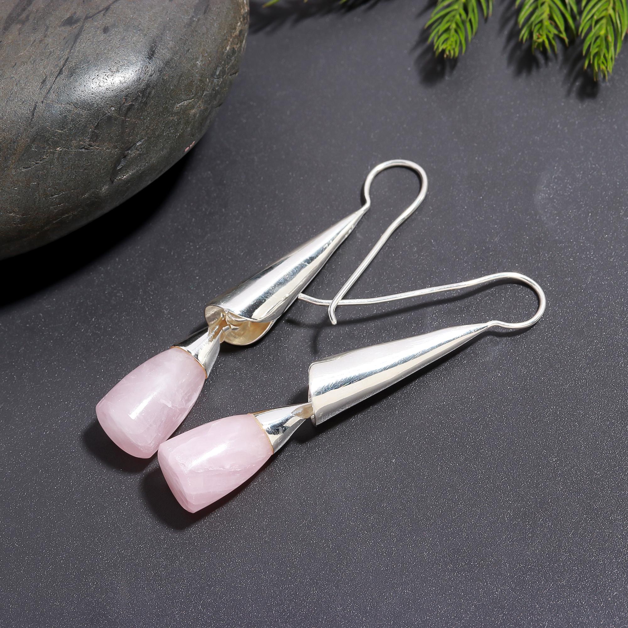 925 Silver Rose Quartz Dangle Earrings