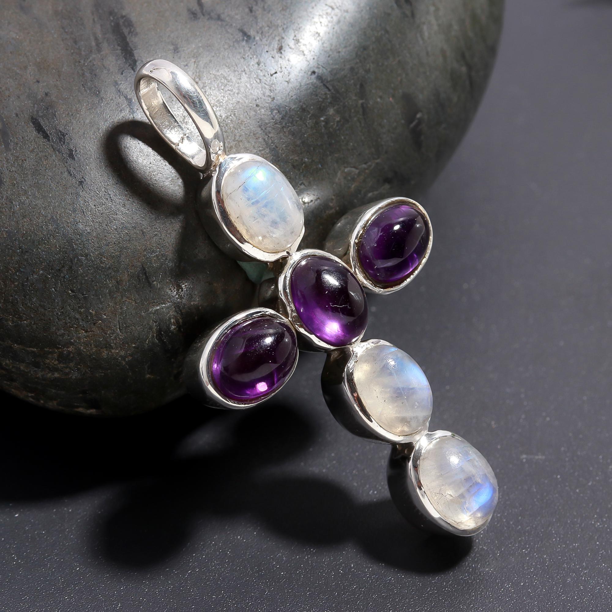 925 Silver Moonstone and Amethyst Cross Pendant