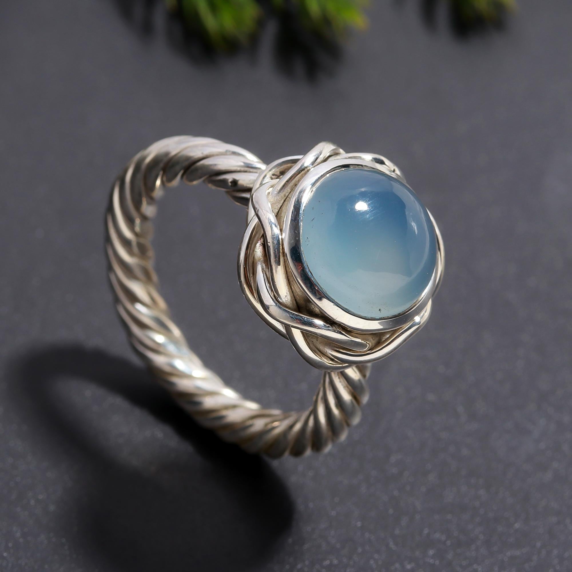 The Serene Oval: Blue Chalcedony Cabochon Wide Band Ring