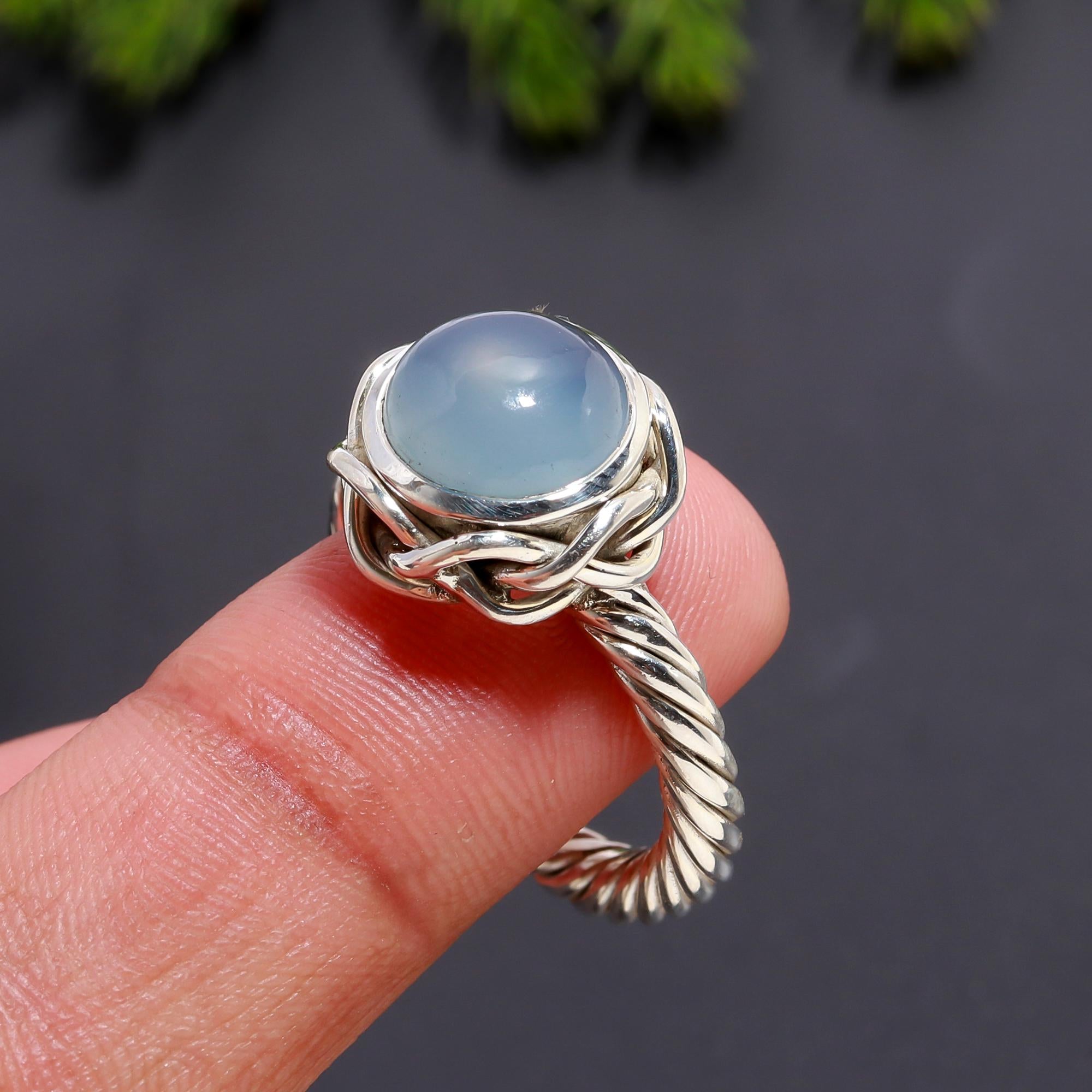 The Serene Oval: Blue Chalcedony Cabochon Wide Band Ring