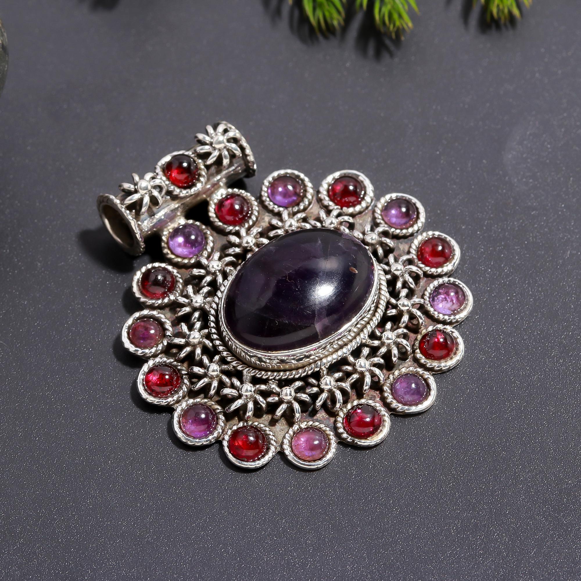 925 Silver Amethyst & Garnet Statement Pendant
