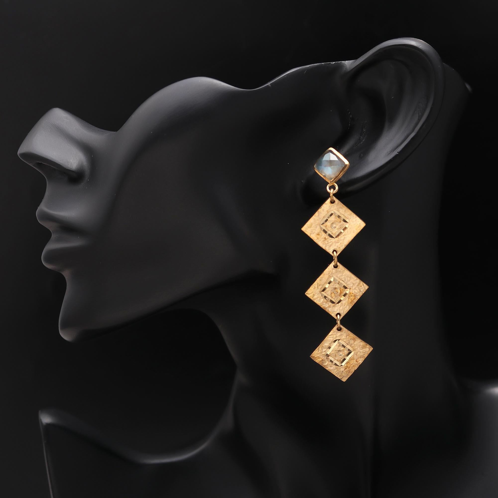 The Golden Quad: Labradorite & Textured Square Drop Earrings