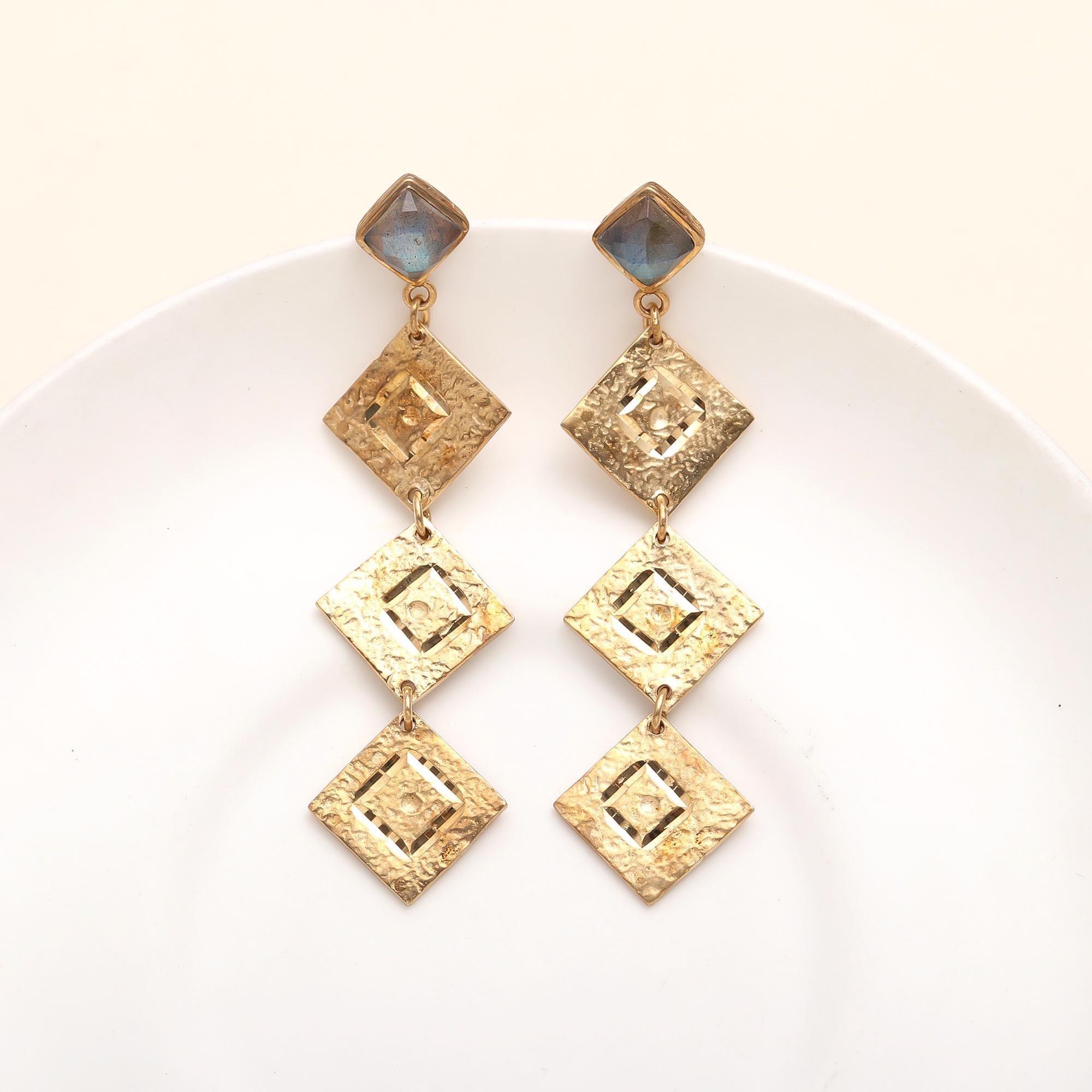The Golden Quad: Labradorite & Textured Square Drop Earrings